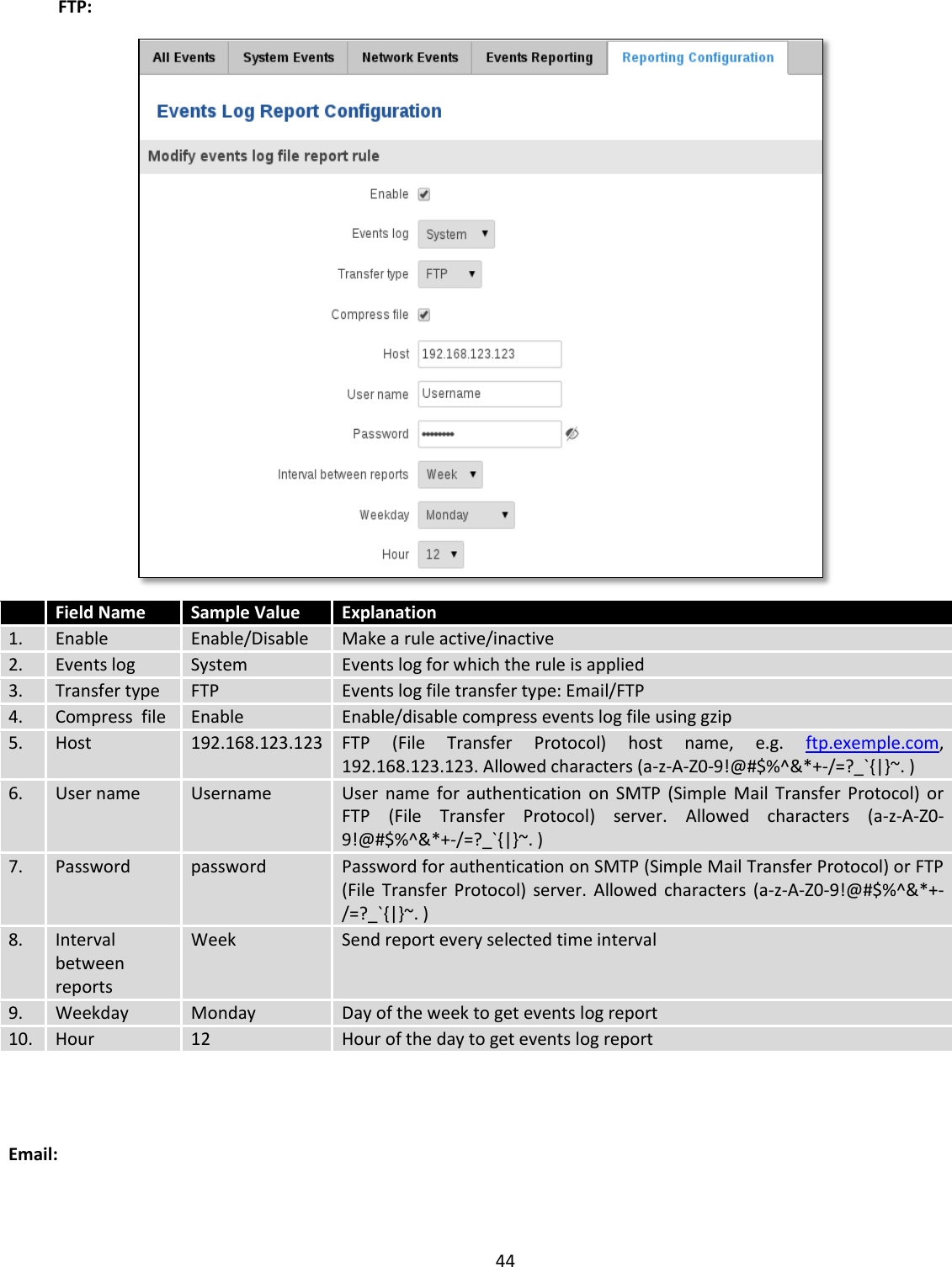  44  FTP:   Field Name Sample Value Explanation 1. Enable Enable/Disable Make a rule active/inactive 2. Events log System Events log for which the rule is applied 3. Transfer type FTP Events log file transfer type: Email/FTP 4. Compress  file Enable Enable/disable compress events log file using gzip 5. Host 192.168.123.123 FTP  (File  Transfer  Protocol)  host  name,  e.g.  ftp.exemple.com, 192.168.123.123. Allowed characters (a-z-A-Z0-9!@#$%^&amp;*+-/=?_`{|}~. ) 6. User name Username User  name  for  authentication  on  SMTP  (Simple  Mail  Transfer  Protocol)  or FTP  (File  Transfer  Protocol)  server.  Allowed  characters  (a-z-A-Z0-9!@#$%^&amp;*+-/=?_`{|}~. ) 7. Password password Password for authentication on SMTP (Simple Mail Transfer Protocol) or FTP (File  Transfer  Protocol)  server.  Allowed  characters  (a-z-A-Z0-9!@#$%^&amp;*+-/=?_`{|}~. ) 8. Interval between reports Week Send report every selected time interval 9. Weekday Monday Day of the week to get events log report 10. Hour 12 Hour of the day to get events log report   Email: 