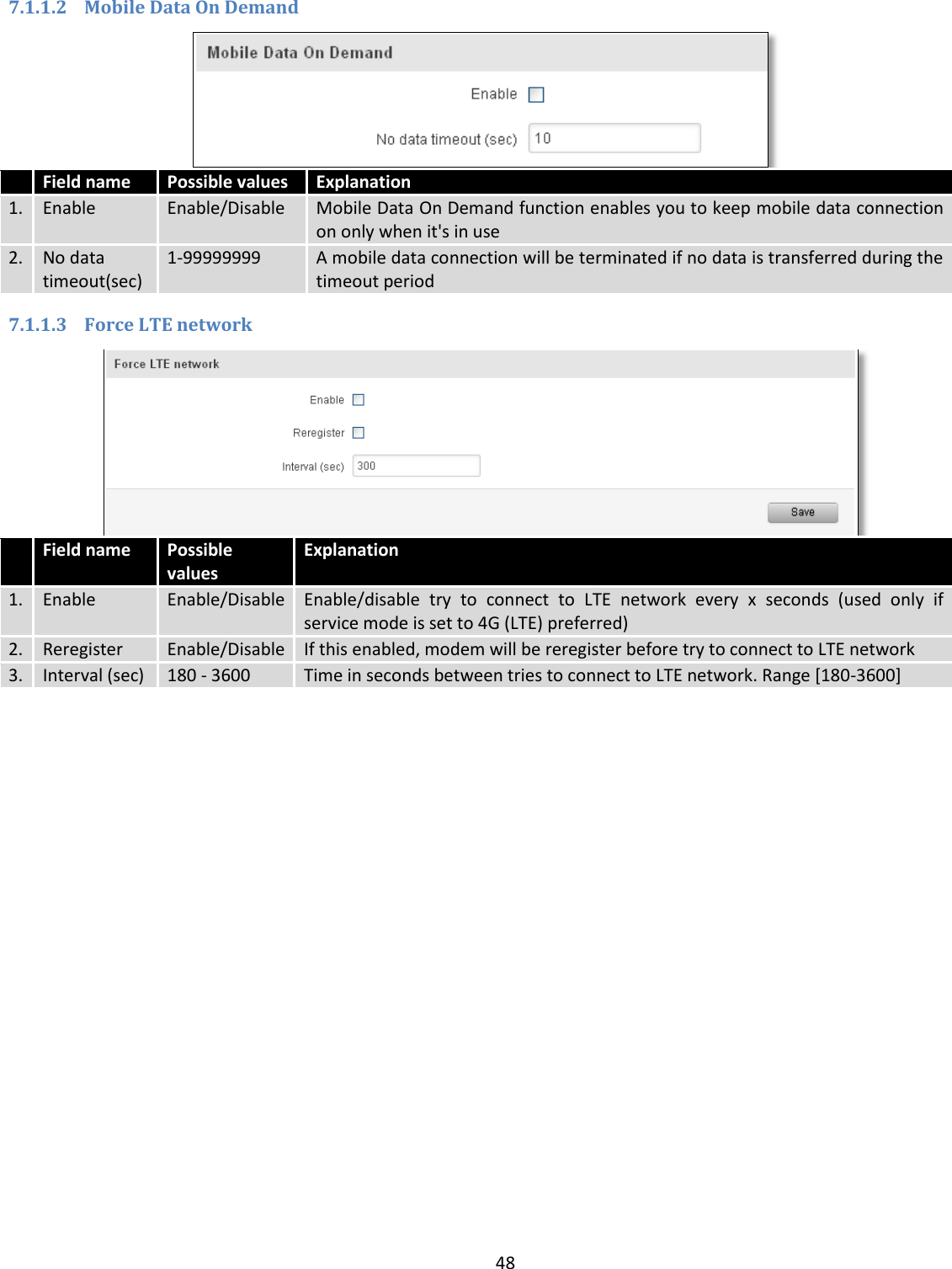  48  7.1.1.2 Mobile Data On Demand   Field name Possible values Explanation 1. Enable Enable/Disable Mobile Data On Demand function enables you to keep mobile data connection on only when it&apos;s in use 2. No data timeout(sec) 1-99999999 A mobile data connection will be terminated if no data is transferred during the timeout period 7.1.1.3 Force LTE network   Field name Possible values Explanation 1. Enable Enable/Disable Enable/disable  try  to  connect  to  LTE  network  every  x  seconds  (used  only  if service mode is set to 4G (LTE) preferred) 2. Reregister Enable/Disable If this enabled, modem will be reregister before try to connect to LTE network 3. Interval (sec) 180 - 3600 Time in seconds between tries to connect to LTE network. Range [180-3600] 