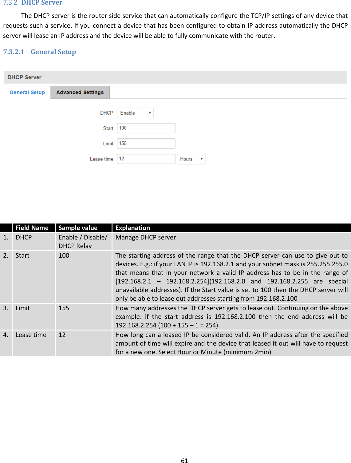  61  7.3.2 DHCP Server The DHCP server is the router side service that can automatically configure the TCP/IP settings of any device that requests such a service. If you connect a device that has been configured to obtain IP address automatically the DHCP server will lease an IP address and the device will be able to fully communicate with the router. 7.3.2.1 General Setup      Field Name Sample value Explanation 1. DHCP Enable / Disable/ DHCP Relay Manage DHCP server 2. Start 100 The  starting  address  of  the  range  that  the  DHCP  server  can  use  to  give  out  to devices. E.g.: if your LAN IP is 192.168.2.1 and your subnet mask is 255.255.255.0 that  means  that  in  your  network  a  valid  IP  address  has  to  be  in  the  range  of [192.168.2.1  –  192.168.2.254](192.168.2.0  and  192.168.2.255  are  special unavailable addresses). If the Start value is set to 100 then the DHCP server will only be able to lease out addresses starting from 192.168.2.100 3. Limit 155 How many addresses the DHCP server gets to lease out. Continuing on the above example:  if  the  start  address  is  192.168.2.100  then  the  end  address  will  be 192.168.2.254 (100 + 155 – 1 = 254).  4. Lease time 12 How long can a leased IP be considered valid. An IP address after the specified amount of time will expire and the device that leased it out will have to request for a new one. Select Hour or Minute (minimum 2min).    