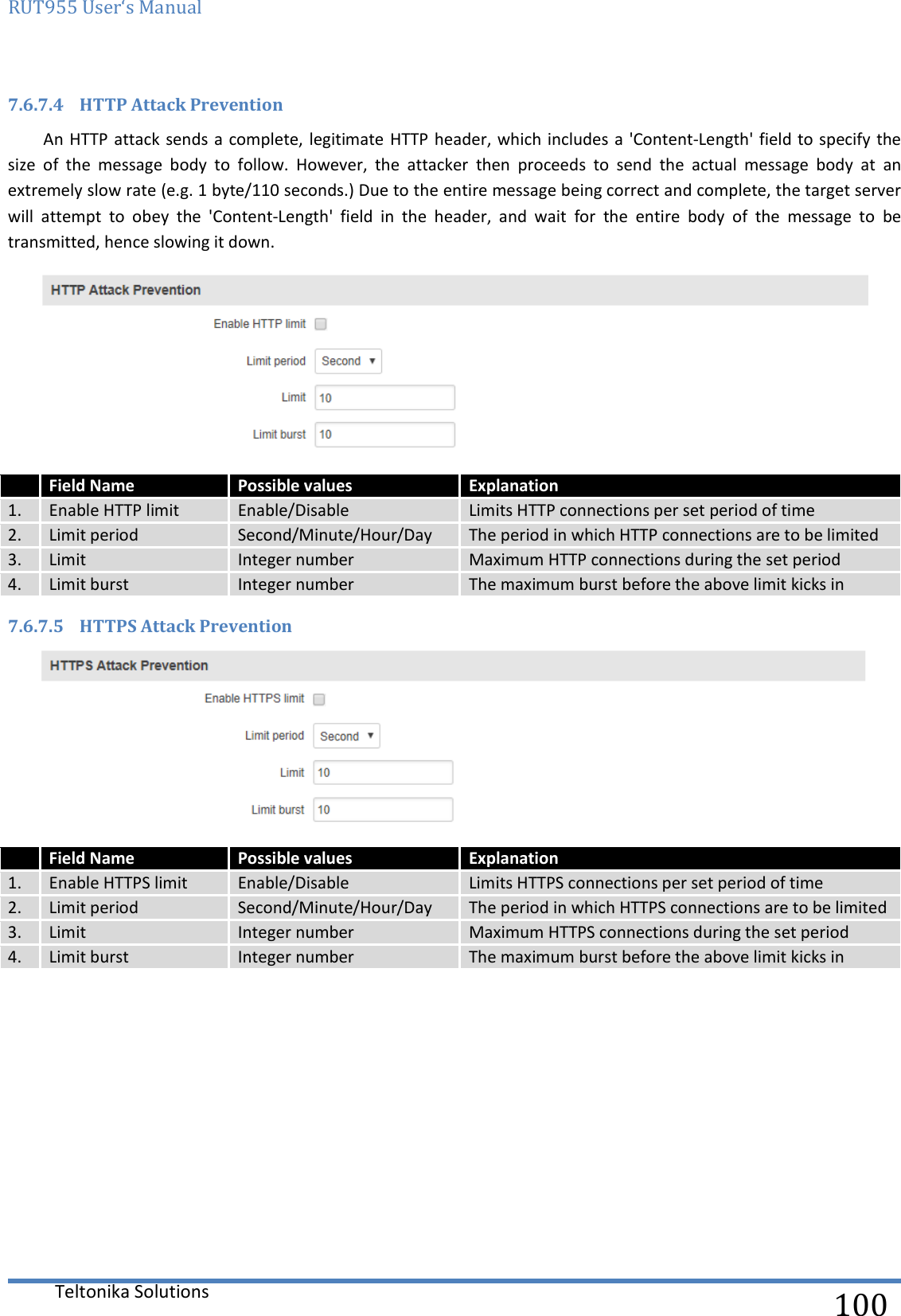 RUT955 User‘s Manual   Teltonika Solutions  100 7.6.7.4 HTTP Attack Prevention An HTTP attack sends a complete, legitimate HTTP header, which includes a &apos;Content-Length&apos; field to specify the size  of  the  message  body  to  follow.  However,  the  attacker  then  proceeds  to  send  the  actual  message  body  at  an extremely slow rate (e.g. 1 byte/110 seconds.) Due to the entire message being correct and complete, the target server will  attempt  to  obey  the  &apos;Content-Length&apos;  field  in  the  header,  and  wait  for  the  entire  body  of  the  message  to  be transmitted, hence slowing it down.   Field Name Possible values Explanation 1. Enable HTTP limit Enable/Disable Limits HTTP connections per set period of time 2. Limit period Second/Minute/Hour/Day The period in which HTTP connections are to be limited 3. Limit Integer number Maximum HTTP connections during the set period 4. Limit burst Integer number The maximum burst before the above limit kicks in 7.6.7.5 HTTPS Attack Prevention   Field Name Possible values  Explanation 1. Enable HTTPS limit Enable/Disable Limits HTTPS connections per set period of time 2. Limit period Second/Minute/Hour/Day The period in which HTTPS connections are to be limited 3. Limit Integer number Maximum HTTPS connections during the set period 4. Limit burst Integer number The maximum burst before the above limit kicks in     