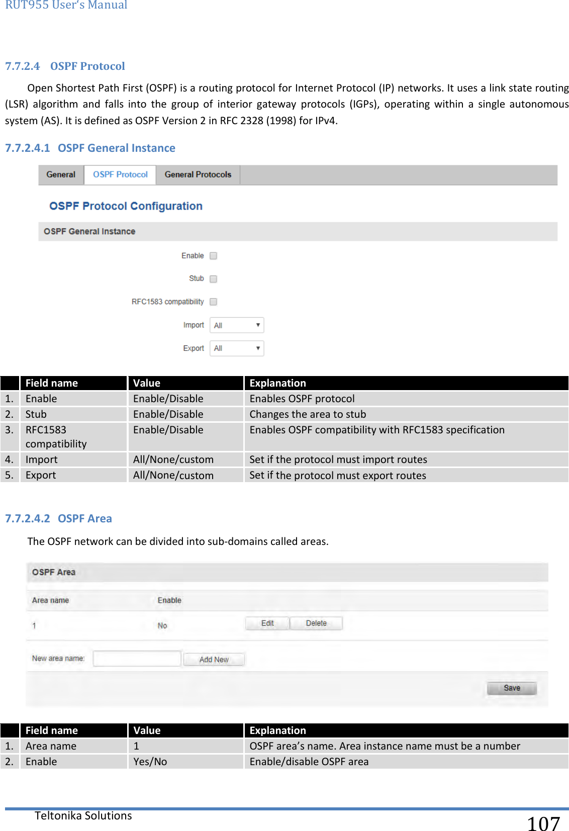 RUT955 User‘s Manual   Teltonika Solutions  107 7.7.2.4 OSPF Protocol Open Shortest Path First (OSPF) is a routing protocol for Internet Protocol (IP) networks. It uses a link state routing (LSR)  algorithm  and  falls  into  the  group  of  interior  gateway  protocols  (IGPs),  operating  within  a  single  autonomous system (AS). It is defined as OSPF Version 2 in RFC 2328 (1998) for IPv4. 7.7.2.4.1 OSPF General Instance   Field name Value Explanation 1. Enable Enable/Disable Enables OSPF protocol 2. Stub Enable/Disable Changes the area to stub 3. RFC1583 compatibility Enable/Disable Enables OSPF compatibility with RFC1583 specification 4. Import All/None/custom Set if the protocol must import routes 5. Export All/None/custom Set if the protocol must export routes  7.7.2.4.2 OSPF Area The OSPF network can be divided into sub-domains called areas.     Field name Value Explanation 1. Area name 1 OSPF area’s name. Area instance name must be a number 2. Enable Yes/No Enable/disable OSPF area  