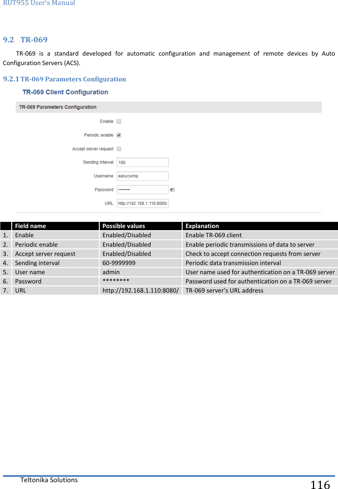 RUT955 User‘s Manual   Teltonika Solutions  116 9.2 TR-069 TR-069  is  a  standard  developed  for  automatic  configuration  and  management  of  remote  devices  by  Auto Configuration Servers (ACS). 9.2.1 TR-069 Parameters Configuration   Field name Possible values Explanation 1. Enable Enabled/Disabled Enable TR-069 client 2. Periodic enable Enabled/Disabled Enable periodic transmissions of data to server 3. Accept server request Enabled/Disabled Check to accept connection requests from server 4. Sending interval 60-9999999 Periodic data transmission interval 5. User name admin User name used for authentication on a TR-069 server 6. Password ******** Password used for authentication on a TR-069 server 7. URL http://192.168.1.110:8080/ TR-069 server’s URL address     