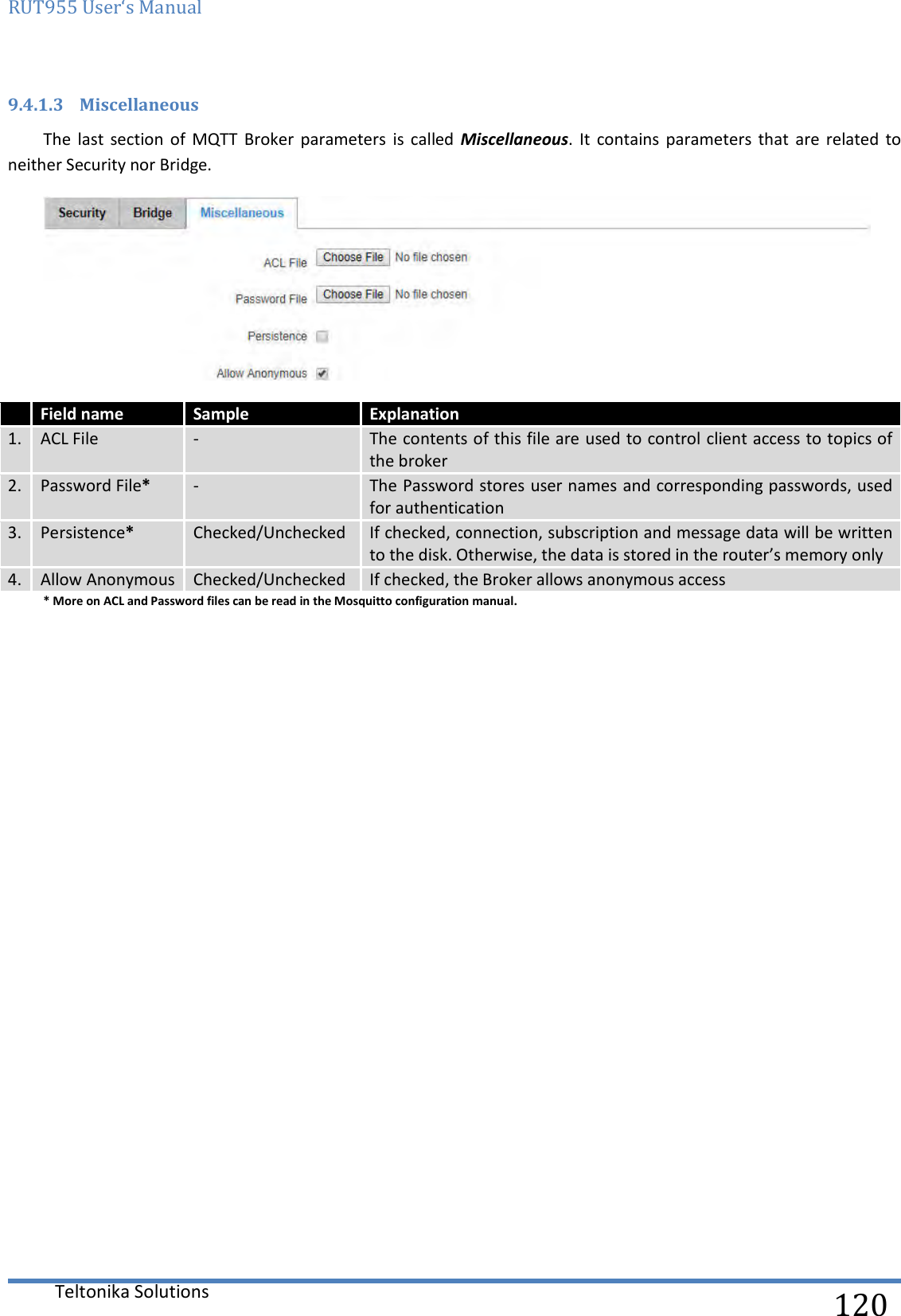 RUT955 User‘s Manual   Teltonika Solutions  120 9.4.1.3 Miscellaneous The  last  section  of  MQTT  Broker  parameters  is  called  Miscellaneous.  It  contains  parameters  that  are  related  to neither Security nor Bridge.    Field name Sample Explanation 1. ACL File - The contents of this file are used to control client access to topics of the broker 2. Password File* - The Password stores user names and corresponding passwords, used for authentication 3. Persistence* Checked/Unchecked If checked, connection, subscription and message data will be written to the disk. Otherwise, the data is stored in the router’s memory only 4. Allow Anonymous Checked/Unchecked If checked, the Broker allows anonymous access * More on ACL and Password files can be read in the Mosquitto configuration manual.    