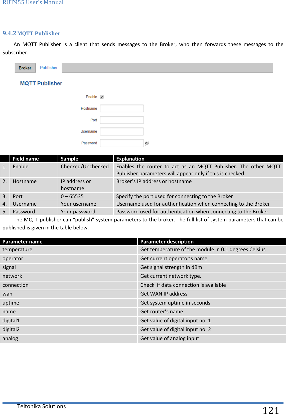 RUT955 User‘s Manual   Teltonika Solutions  121 9.4.2 MQTT Publisher An  MQTT  Publisher  is  a  client  that  sends  messages  to  the  Broker,  who  then  forwards  these  messages  to  the Subscriber.   Field name Sample Explanation 1. Enable Checked/Unchecked Enables  the  router  to  act  as  an  MQTT  Publisher.  The  other  MQTT Publisher parameters will appear only if this is checked 2. Hostname IP address or hostname Broker’s IP address or hostname 3. Port 0 – 65535 Specify the port used for connecting to the Broker 4. Username Your username Username used for authentication when connecting to the Broker 5. Password Your password Password used for authentication when connecting to the Broker The MQTT publisher can “publish” system parameters to the broker. The full list of system parameters that can be published is given in the table below.  Parameter name Parameter description temperature Get temperature of the module in 0.1 degrees Celsius operator Get current operator’s name signal Get signal strength in dBm network Get current network type. connection Check  if data connection is available wan Get WAN IP address uptime Get system uptime in seconds name Get router’s name digital1 Get value of digital input no. 1 digital2 Get value of digital input no. 2 analog Get value of analog input     