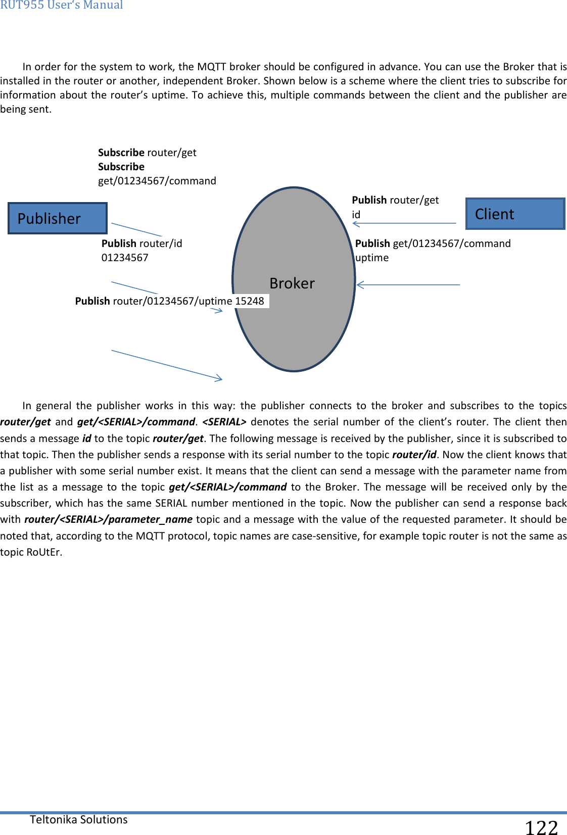 RUT955 User‘s Manual   Teltonika Solutions  122 In order for the system to work, the MQTT broker should be configured in advance. You can use the Broker that is installed in the router or another, independent Broker. Shown below is a scheme where the client tries to subscribe for information about the router’s uptime. To  achieve this, multiple commands between the client and the publisher are being sent.  In  general  the  publisher  works  in  this  way:  the  publisher  connects  to  the  broker  and  subscribes  to  the  topics router/get  and  get/&lt;SERIAL&gt;/command.  &lt;SERIAL&gt;  denotes  the  serial  number  of  the  client’s  router.  The  client  then sends a message id to the topic router/get. The following message is received by the publisher, since it is subscribed to that topic. Then the publisher sends a response with its serial number to the topic router/id. Now the client knows that a publisher with some serial number exist. It means that the client can send a message with the parameter name from the  list  as  a  message  to  the  topic  get/&lt;SERIAL&gt;/command to  the  Broker.  The  message  will  be  received  only  by  the subscriber, which has the same SERIAL number mentioned in the topic. Now the publisher can  send a response back with router/&lt;SERIAL&gt;/parameter_name topic and a message with the value of the requested parameter. It should be noted that, according to the MQTT protocol, topic names are case-sensitive, for example topic router is not the same as topic RoUtEr.    Publisher Subscribe router/get Subscribe get/01234567/command Publish router/get id Publish router/id 01234567 Publish get/01234567/command uptime Broker Client Publish router/01234567/uptime 15248  