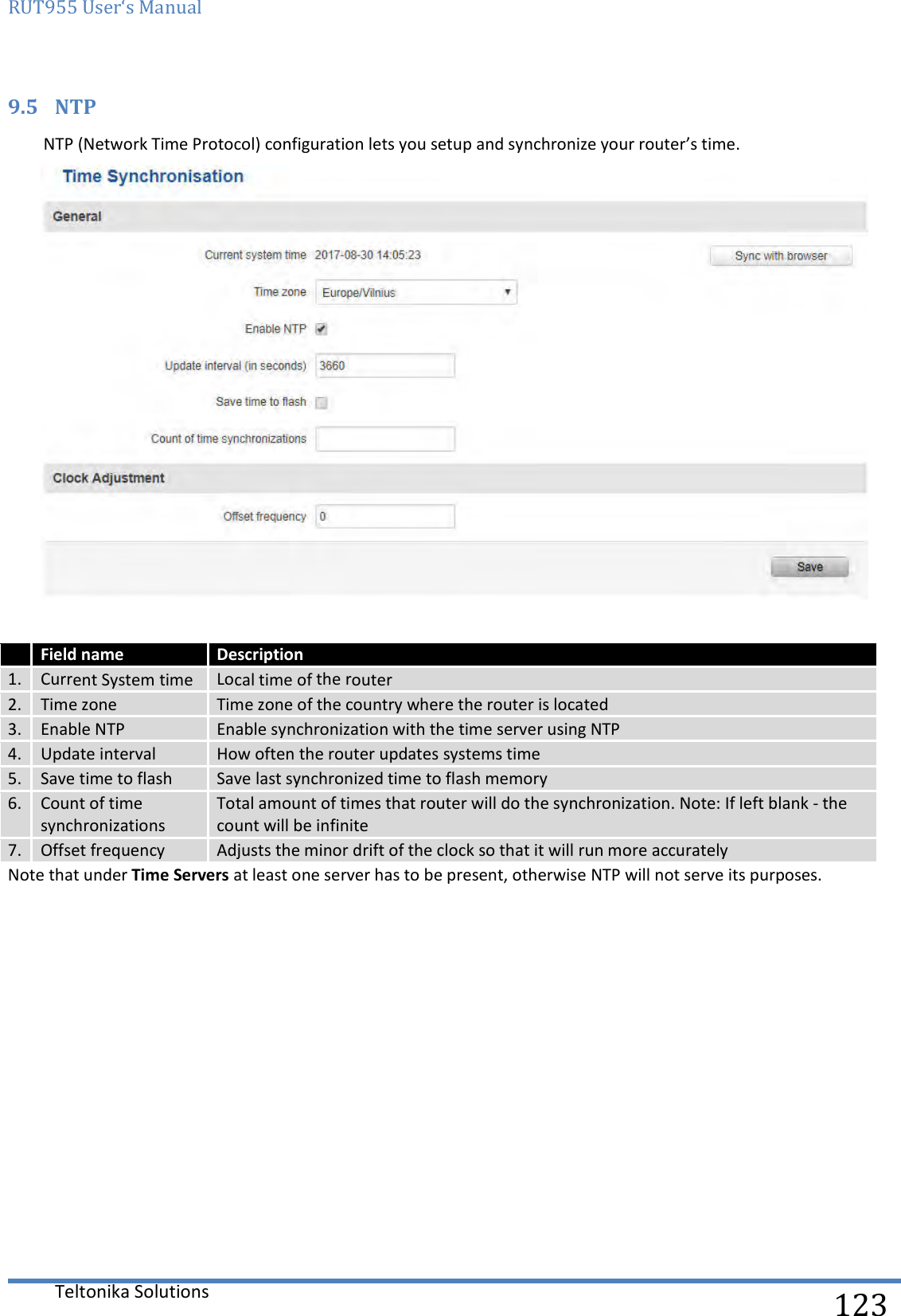 RUT955 User‘s Manual   Teltonika Solutions  123 9.5 NTP NTP (Network Time Protocol) configuration lets you setup and synchronize your router’s time.    Field name Description 1. Current System time Local time of the router 2. Time zone Time zone of the country where the router is located 3. Enable NTP Enable synchronization with the time server using NTP  4. Update interval How often the router updates systems time 5. Save time to flash Save last synchronized time to flash memory 6. Count of time synchronizations Total amount of times that router will do the synchronization. Note: If left blank - the count will be infinite 7. Offset frequency Adjusts the minor drift of the clock so that it will run more accurately Note that under Time Servers at least one server has to be present, otherwise NTP will not serve its purposes.    