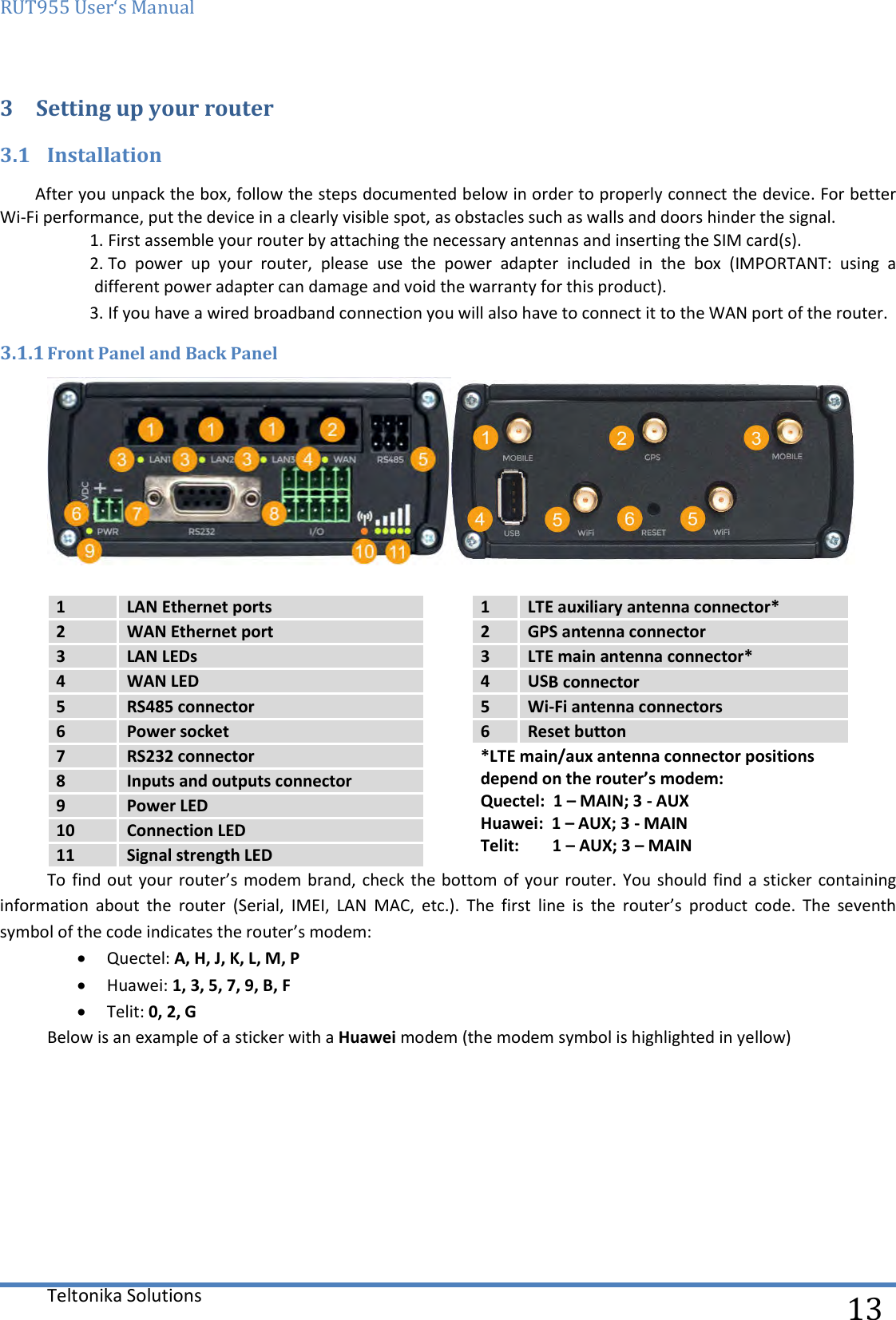 RUT955 User‘s Manual   Teltonika Solutions  13 3 Setting up your router 3.1 Installation After you unpack the box, follow the steps documented below in order to properly connect the device. For better Wi-Fi performance, put the device in a clearly visible spot, as obstacles such as walls and doors hinder the signal. 1. First assemble your router by attaching the necessary antennas and inserting the SIM card(s). 2. To  power  up  your  router,  please  use  the  power  adapter  included  in  the  box  (IMPORTANT:  using  a different power adapter can damage and void the warranty for this product). 3. If you have a wired broadband connection you will also have to connect it to the WAN port of the router. 3.1.1 Front Panel and Back Panel       1 LAN Ethernet ports  1 LTE auxiliary antenna connector* 2 WAN Ethernet port  2 GPS antenna connector 3 LAN LEDs  3 LTE main antenna connector* 4 WAN LED  4 USB connector 5 RS485 connector  5 Wi-Fi antenna connectors 6 Power socket  6 Reset button 7 RS232 connector  *LTE main/aux antenna connector positions depend on the router’s modem: Quectel:  1 – MAIN; 3 - AUX Huawei:  1 – AUX; 3 - MAIN Telit:        1 – AUX; 3 – MAIN 8 Inputs and outputs connector  9 Power LED  10 Connection LED  11 Signal strength LED  To  find  out your router’s modem brand,  check the bottom of your  router. You  should find  a sticker containing information  about  the  router  (Serial,  IMEI,  LAN  MAC,  etc.).  The  first  line  is  the  router’s  product  code.  The  seventh symbol of the code indicates the router’s modem:  Quectel: A, H, J, K, L, M, P  Huawei: 1, 3, 5, 7, 9, B, F  Telit: 0, 2, G Below is an example of a sticker with a Huawei modem (the modem symbol is highlighted in yellow) 