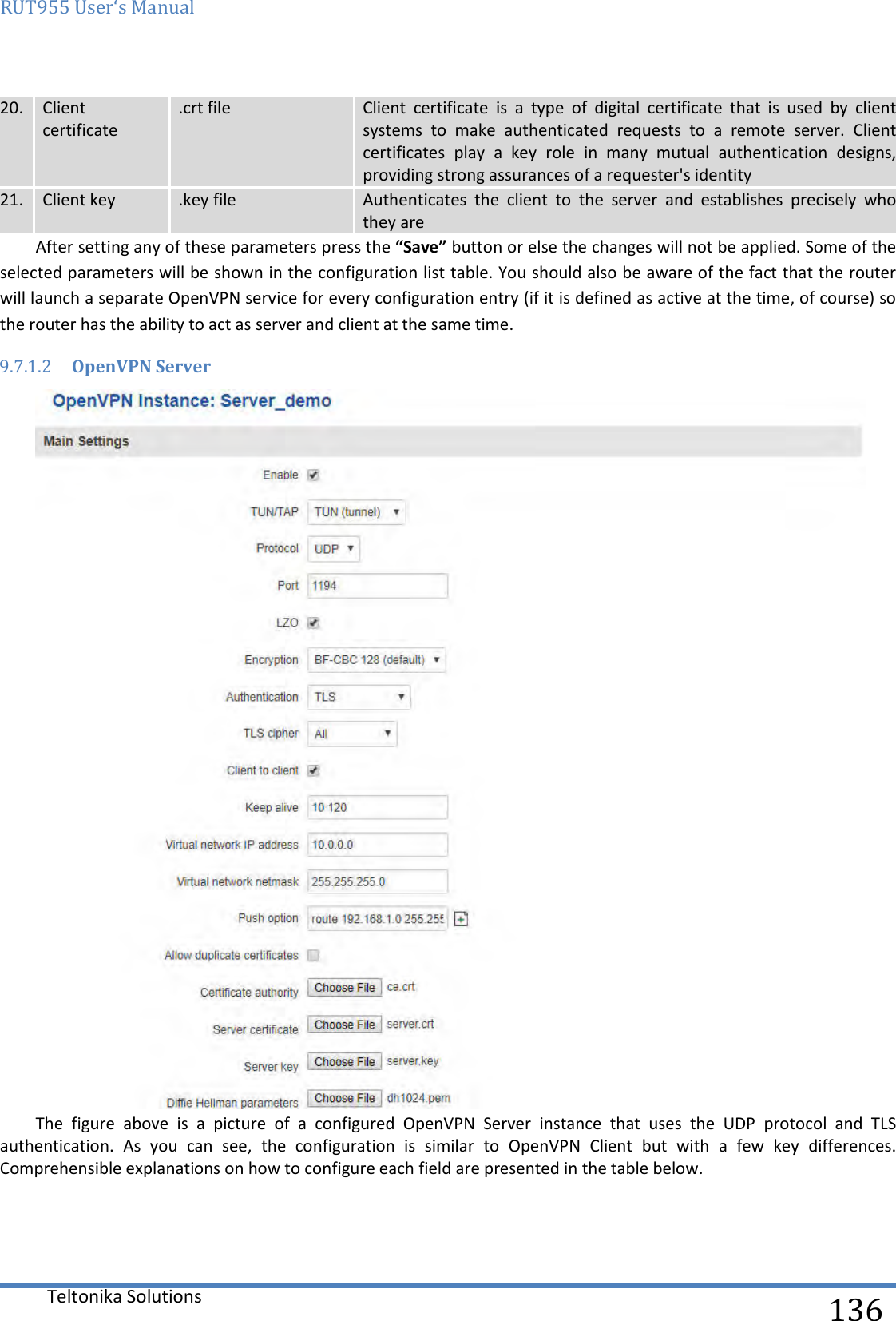RUT955 User‘s Manual   Teltonika Solutions  136 20.  Client certificate .crt file Client  certificate  is  a  type  of  digital  certificate  that  is  used  by  client systems  to  make  authenticated  requests  to  a  remote  server.  Client certificates  play  a  key  role  in  many  mutual  authentication  designs, providing strong assurances of a requester&apos;s identity 21.  Client key .key file Authenticates  the  client  to  the  server  and  establishes  precisely  who they are After setting any of these parameters press the “Save” button or else the changes will not be applied. Some of the selected parameters will be shown in the configuration list table. You should also be aware of the fact that the router will launch a separate OpenVPN service for every configuration entry (if it is defined as active at the time, of course) so the router has the ability to act as server and client at the same time.  9.7.1.2 OpenVPN Server  The  figure  above  is  a  picture  of  a  configured  OpenVPN  Server  instance  that  uses  the  UDP  protocol  and  TLS authentication.  As  you  can  see,  the  configuration  is  similar  to  OpenVPN  Client  but  with  a  few  key  differences. Comprehensible explanations on how to configure each field are presented in the table below.    