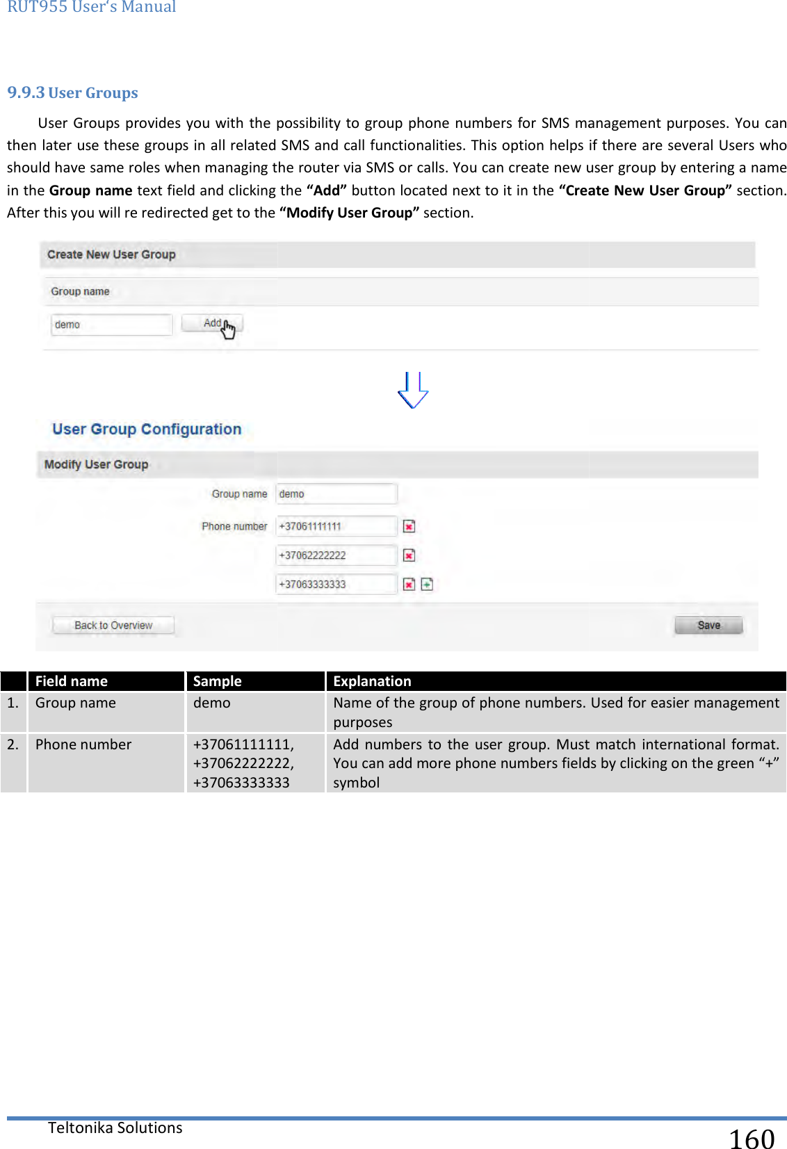 RUT955 User‘s Manual Teltonika Solutions  9.9.3 User Groups User Groups provides you with  the possibility to group phone numbers for SMS management purposes. You can then later use these groups in all related SMSshould have same roles when managing the in the Group name text field and clicking After this you will re redirected get to the  Field name Sample 1. Group name demo 2. Phone number +37061111111+37062222222,+37063333333     possibility to group phone numbers for SMS management purposes. You can then later use these groups in all related SMS and call functionalities. This option helps if there are several Users who the router via SMS or calls. You can create new user group by enteringand clicking the “Add” button located next to it in the “Create New User Group” “Modify User Group” section.  Explanation Name of the group of phone numbers. Used for easier management purposes +37061111111, +37062222222, +37063333333 Add numbers to  the  user group.  Must  match  international format. You can add more phone numbers fields by clicking on the green symbol   160 possibility to group phone numbers for SMS management purposes. You can functionalities. This option helps if there are several Users who . You can create new user group by entering a name “Create New User Group” section.   the group of phone numbers. Used for easier management ust  match international  format. phone numbers fields by clicking on the green “+” 