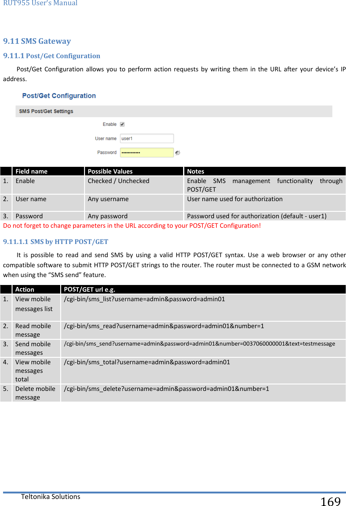 RUT955 User‘s Manual   Teltonika Solutions  169 9.11 SMS Gateway 9.11.1 Post/Get Configuration Post/Get  Configuration allows  you  to  perform action requests  by  writing  them  in  the  URL  after your  device’s  IP address.   Field name Possible Values Notes 1. Enable Checked / Unchecked Enable  SMS  management  functionality  through POST/GET 2. User name Any username User name used for authorization  3. Password Any password Password used for authorization (default - user1) Do not forget to change parameters in the URL according to your POST/GET Configuration! 9.11.1.1 SMS by HTTP POST/GET It  is  possible  to  read  and  send  SMS  by  using  a  valid  HTTP  POST/GET  syntax.  Use  a  web  browser  or  any  other compatible software to submit HTTP POST/GET strings to the router. The router must be connected to a GSM network when using the “SMS send” feature.   Action POST/GET url e.g. 1. View mobile messages list /cgi-bin/sms_list?username=admin&amp;password=admin01 2. Read mobile message /cgi-bin/sms_read?username=admin&amp;password=admin01&amp;number=1 3. Send mobile messages /cgi-bin/sms_send?username=admin&amp;password=admin01&amp;number=0037060000001&amp;text=testmessage 4. View mobile messages total /cgi-bin/sms_total?username=admin&amp;password=admin01 5. Delete mobile message /cgi-bin/sms_delete?username=admin&amp;password=admin01&amp;number=1     