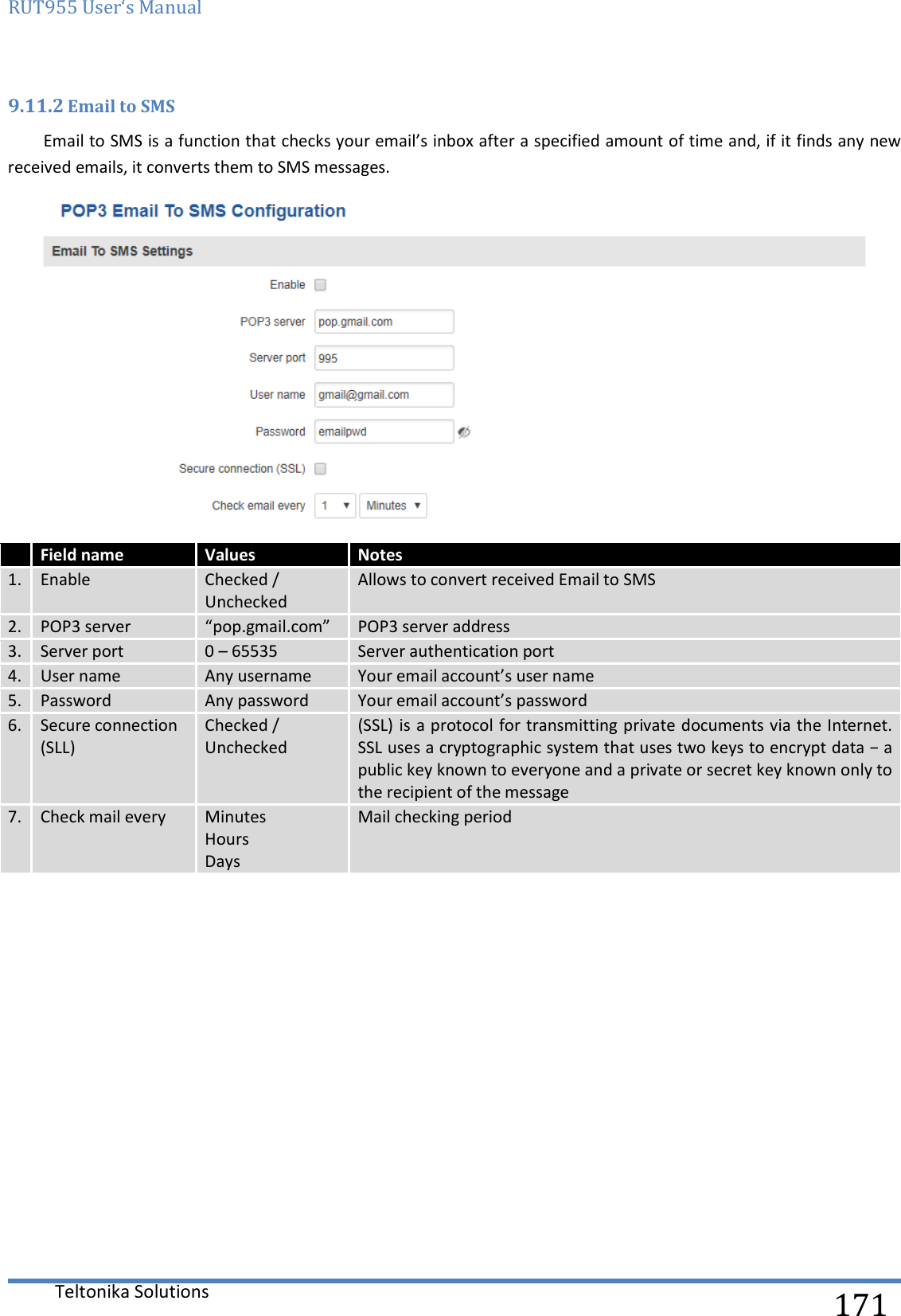 RUT955 User‘s Manual   Teltonika Solutions  171 9.11.2 Email to SMS Email to SMS is a function that checks your email’s inbox after a specified amount of time and, if it finds any new received emails, it converts them to SMS messages.   Field name Values Notes 1. Enable Checked / Unchecked Allows to convert received Email to SMS 2. POP3 server “pop.gmail.com” POP3 server address 3. Server port 0 – 65535 Server authentication port 4. User name Any username Your email account’s user name 5. Password Any password Your email account’s password 6. Secure connection (SLL) Checked / Unchecked (SSL) is a protocol for transmitting private documents via the Internet. SSL uses a cryptographic system that uses two keys to encrypt data − a public key known to everyone and a private or secret key known only to the recipient of the message 7. Check mail every Minutes Hours Days Mail checking period    