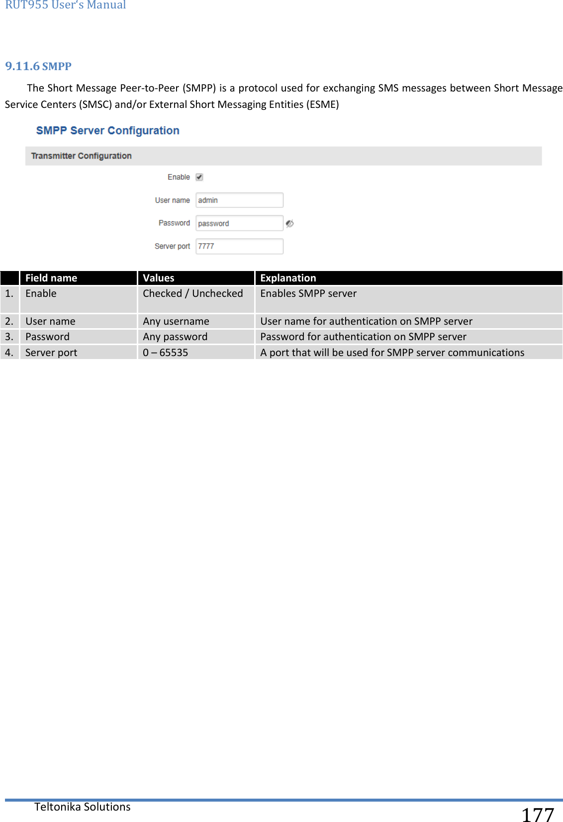 RUT955 User‘s Manual   Teltonika Solutions  177 9.11.6 SMPP The Short Message Peer-to-Peer (SMPP) is a protocol used for exchanging SMS messages between Short Message Service Centers (SMSC) and/or External Short Messaging Entities (ESME)    Field name Values Explanation 1. Enable Checked / Unchecked Enables SMPP server 2. User name Any username User name for authentication on SMPP server 3. Password Any password Password for authentication on SMPP server 4. Server port 0 – 65535 A port that will be used for SMPP server communications     