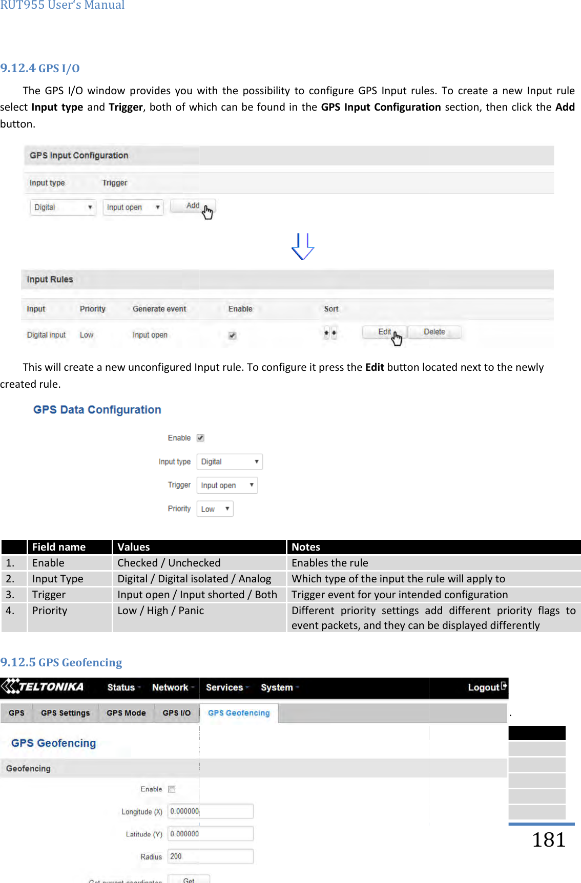 RUT955 User‘s Manual Teltonika Solutions  9.12.4 GPS I/O The  GPS  I/O  window provides  you  with  the  possibility  to  configure  GPS  Input  rules.  To  create  a  new  Input  rule select Input type  and Trigger, both of which can be found in the button.  This will create a new unconfigured Input rule. To configure it press the created rule.  9.12.5 GPS Geofencing  Geofencing is a feature which can detect whenever a device enters or leaves customized area. Field name Values 1. Enable Checked / Unchecked2. Input Type Digital / Digital isolated3. Trigger Input open / Input shorted4. Priority Low / High / Panic Field name Notes1. Enable Enable/Disable GPS Geofencing functionality2. Longitude (X) Longitude of selected 3. Latitude (Y) Latitude of selected point4. Radius Radius of selected area5 Get current coordinates Get current device coordinates from GPS provides  you  with  the  possibility  to  configure  GPS  Input  rules.  To  create  a  new  Input  rule , both of which can be found in the GPS Input Configuration  This will create a new unconfigured Input rule. To configure it press the Edit button located next to the newly   Geofencing is a feature which can detect whenever a device enters or leaves customized area.Notes Checked / Unchecked Enables the rule / Digital isolated / Analog Which type of the input the rule will apply to/ Input shorted / Both Trigger event for your intended configuration/ Panic Different  priority  settings  adevent packets, and they can be displayed differentlyNotes Enable/Disable GPS Geofencing functionality Longitude of selected point Latitude of selected point Radius of selected area Get current device coordinates from GPS   181 provides  you  with  the  possibility  to  configure  GPS  Input  rules.  To  create  a  new  Input  rule GPS Input Configuration section, then click the Add   button located next to the newly  Geofencing is a feature which can detect whenever a device enters or leaves customized area. Which type of the input the rule will apply to rigger event for your intended configuration priority  settings  add  different  priority  flags  to can be displayed differently 