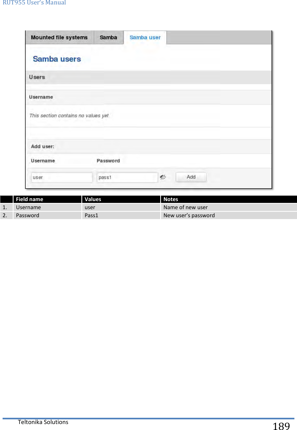 RUT955 User‘s Manual Teltonika Solutions   Field name Values 1. Username user 2. Password Pass1     Notes Name of new user New user’s password   189  