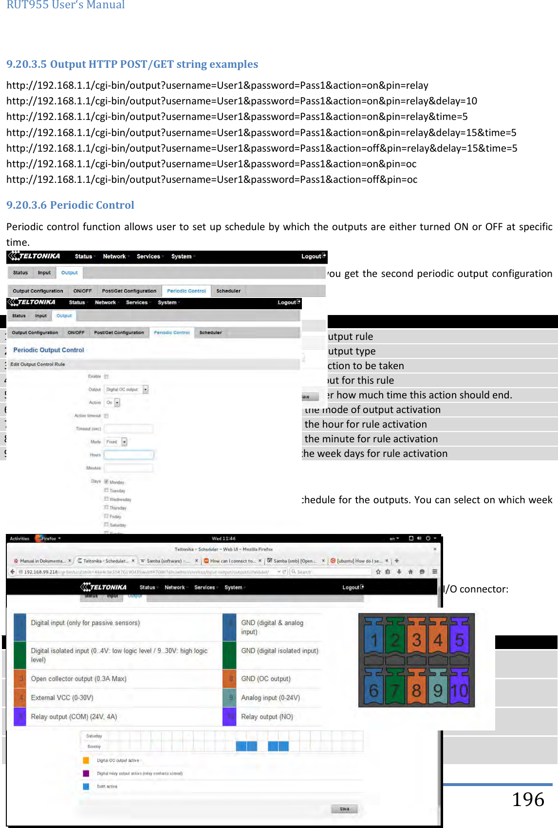 RUT955 User‘s Manual   Teltonika Solutions  196 9.20.3.5 Output HTTP POST/GET string examples http://192.168.1.1/cgi-bin/output?username=User1&amp;password=Pass1&amp;action=on&amp;pin=relay http://192.168.1.1/cgi-bin/output?username=User1&amp;password=Pass1&amp;action=on&amp;pin=relay&amp;delay=10 http://192.168.1.1/cgi-bin/output?username=User1&amp;password=Pass1&amp;action=on&amp;pin=relay&amp;time=5 http://192.168.1.1/cgi-bin/output?username=User1&amp;password=Pass1&amp;action=on&amp;pin=relay&amp;delay=15&amp;time=5 http://192.168.1.1/cgi-bin/output?username=User1&amp;password=Pass1&amp;action=off&amp;pin=relay&amp;delay=15&amp;time=5 http://192.168.1.1/cgi-bin/output?username=User1&amp;password=Pass1&amp;action=on&amp;pin=oc http://192.168.1.1/cgi-bin/output?username=User1&amp;password=Pass1&amp;action=off&amp;pin=oc 9.20.3.6 Periodic Control Periodic control function allows user to set up schedule by which the outputs are either turned ON or OFF at specific time.  After clicking on ADD button (Or Edit, if the rule is already created) you get the second periodic output configuration page with extra parameters to set.   Field name Sample Explanation 1. Enable Enable/Disable Enable this output rule 2. Output Digital/Digital isolated/Analog Specify the output type 3. Action On / Off Specify the action to be taken 4. Action timeout Enabled / Disabled Enable timeout for this rule 5. Timeout (sec) 10 Specifies after how much time this action should end. 6. Mode Fixed / Interval Specify the mode of output activation 7. Hours 15 Specify the hour for rule activation 8. Minutes 25 Specify the minute for rule activation 9. Days Monday Select the week days for rule activation 9.20.3.7 Scheduler This function allows you to set up the periodical, hourly schedule for the outputs. You can select on which week days the outputs are going to be on or off.   9.20.4 Input/Output hardware information The Input/output (I/O) connector is located in the front panel next to LEDs. Pin-out of the I/O connector:  Type Description Ratings QTY Input (digital) Digital non-isolated input for passive sensors 3V Max 1 Input(digital) Digital input with galvanic  isolation 0..4V – low level 9..30V – high level 1 Input (analog voltage/current) Analog input (0-24V/0-20mA) 24V/20mA Max (with 1.2kΩ shunt) 1 Output (Open collector) Open collector (OC) output 30V, 0.3A 1 