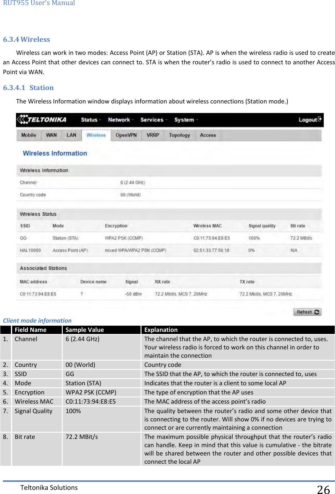 RUT955 User‘s Manual   Teltonika Solutions  26 6.3.4 Wireless Wireless can work in two modes: Access Point (AP) or Station (STA). AP is when the wireless radio is used to create an Access Point that other devices can connect to. STA is when the router’s radio is used to connect to another Access Point via WAN. 6.3.4.1 Station The Wireless Information window displays information about wireless connections (Station mode.)  Client mode information  Field Name Sample Value Explanation 1. Channel 6 (2.44 GHz) The channel that the AP, to which the router is connected to, uses. Your wireless radio is forced to work on this channel in order to maintain the connection 2. Country 00 (World) Country code 3. SSID GG The SSID that the AP, to which the router is connected to, uses 4. Mode Station (STA) Indicates that the router is a client to some local AP 5. Encryption WPA2 PSK (CCMP) The type of encryption that the AP uses 6. Wireless MAC C0:11:73:94:E8:E5 The MAC address of the access point’s radio 7. Signal Quality 100% The quality between the router’s radio and some other device that is connecting to the router. Will show 0% if no devices are trying to connect or are currently maintaining a connection 8. Bit rate 72.2 MBit/s The maximum possible physical throughput that the router’s radio can handle. Keep in mind that this value is cumulative - the bitrate will be shared between the router and other possible devices that connect the local AP  