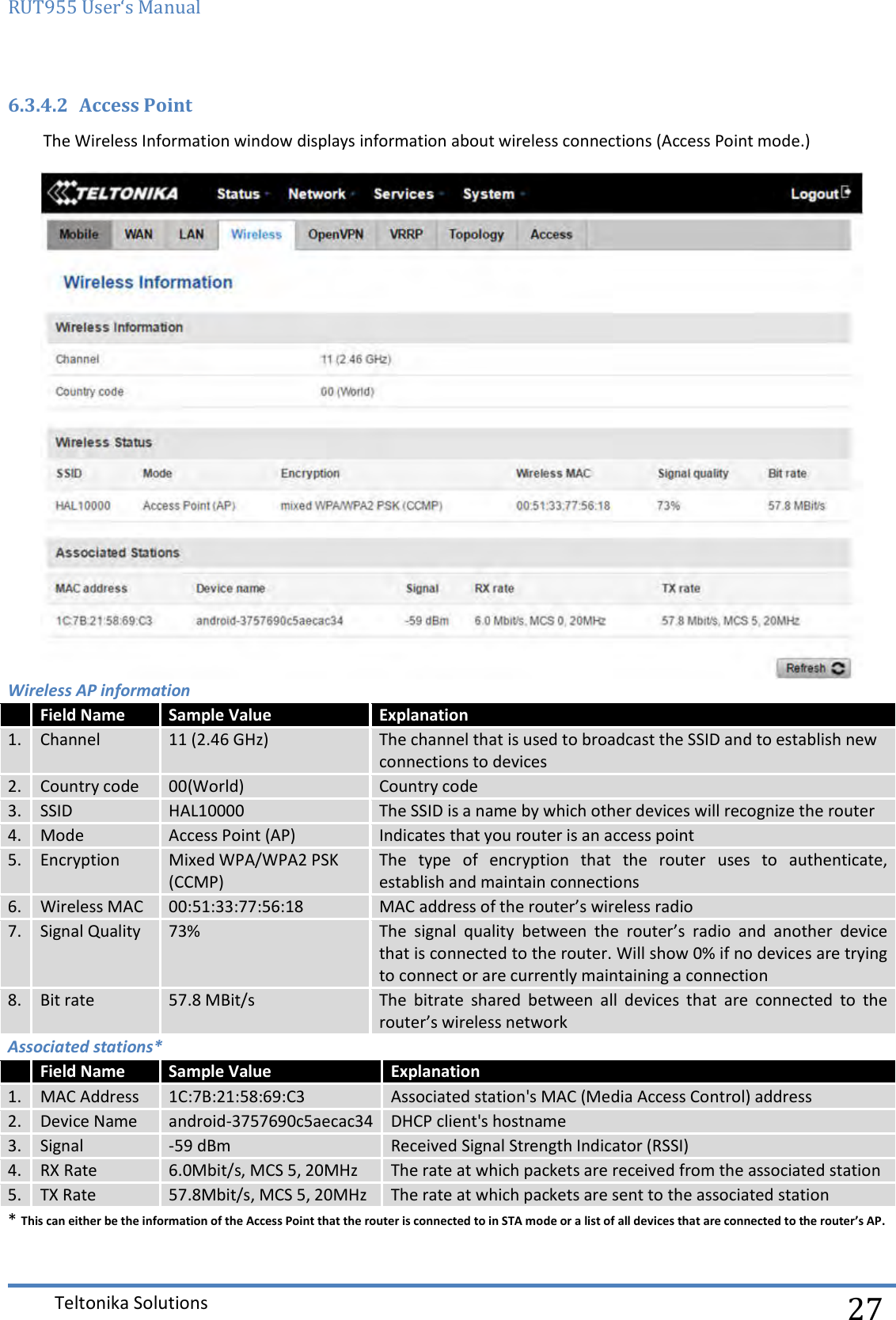 RUT955 User‘s Manual   Teltonika Solutions  27 6.3.4.2 Access Point The Wireless Information window displays information about wireless connections (Access Point mode.)  Wireless AP information  Field Name Sample Value Explanation 1. Channel 11 (2.46 GHz) The channel that is used to broadcast the SSID and to establish new connections to devices 2. Country code 00(World) Country code 3. SSID HAL10000 The SSID is a name by which other devices will recognize the router 4. Mode Access Point (AP) Indicates that you router is an access point 5. Encryption Mixed WPA/WPA2 PSK (CCMP) The  type  of  encryption  that  the  router  uses  to  authenticate, establish and maintain connections 6. Wireless MAC 00:51:33:77:56:18 MAC address of the router’s wireless radio 7. Signal Quality 73% The  signal  quality  between  the  router’s  radio  and  another  device that is connected to the router. Will show 0% if no devices are trying to connect or are currently maintaining a connection 8. Bit rate 57.8 MBit/s The  bitrate  shared  between  all  devices  that  are  connected  to  the router’s wireless network Associated stations*  Field Name Sample Value Explanation 1. MAC Address 1C:7B:21:58:69:C3 Associated station&apos;s MAC (Media Access Control) address 2. Device Name android-3757690c5aecac34 DHCP client&apos;s hostname 3. Signal -59 dBm Received Signal Strength Indicator (RSSI) 4. RX Rate 6.0Mbit/s, MCS 5, 20MHz The rate at which packets are received from the associated station 5. TX Rate 57.8Mbit/s, MCS 5, 20MHz The rate at which packets are sent to the associated station * This can either be the information of the Access Point that the router is connected to in STA mode or a list of all devices that are connected to the router’s AP. 