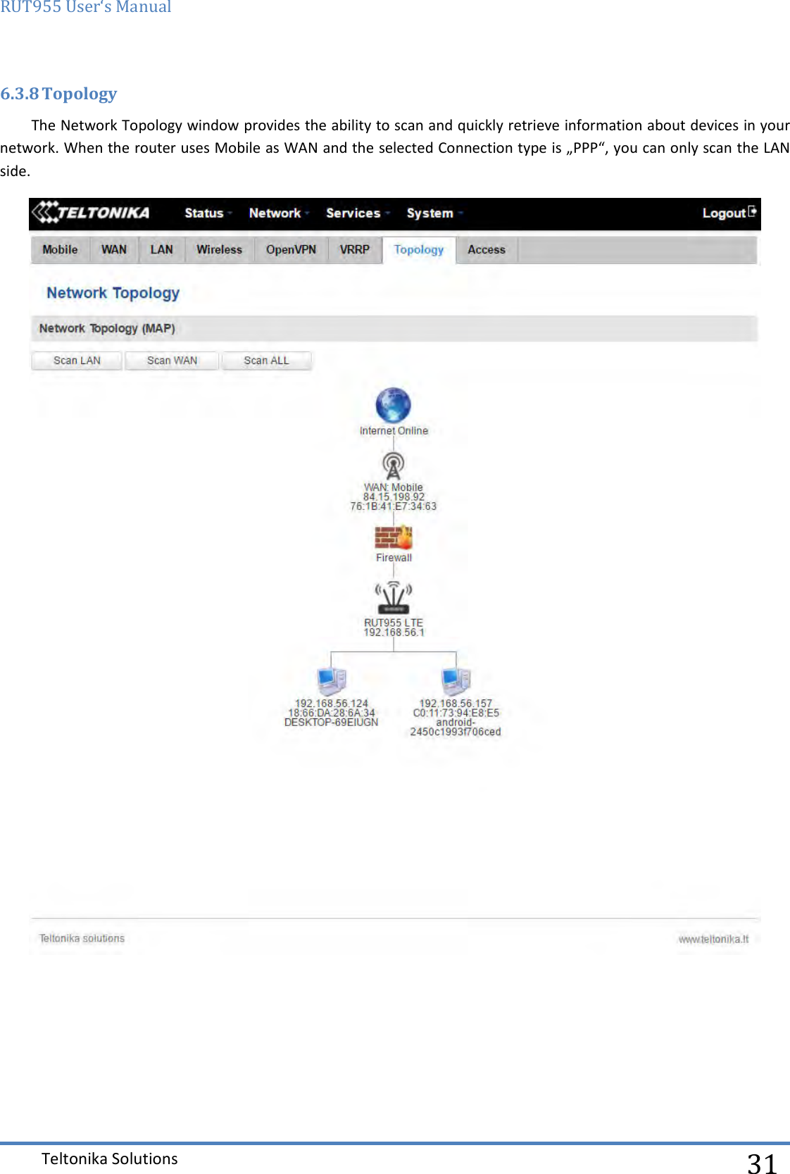 RUT955 User‘s Manual   Teltonika Solutions  31 6.3.8 Topology The Network Topology window provides the ability to scan and quickly retrieve information about devices in your network. When the router uses Mobile as WAN and the selected Connection type is „PPP“, you can only scan the LAN side.     