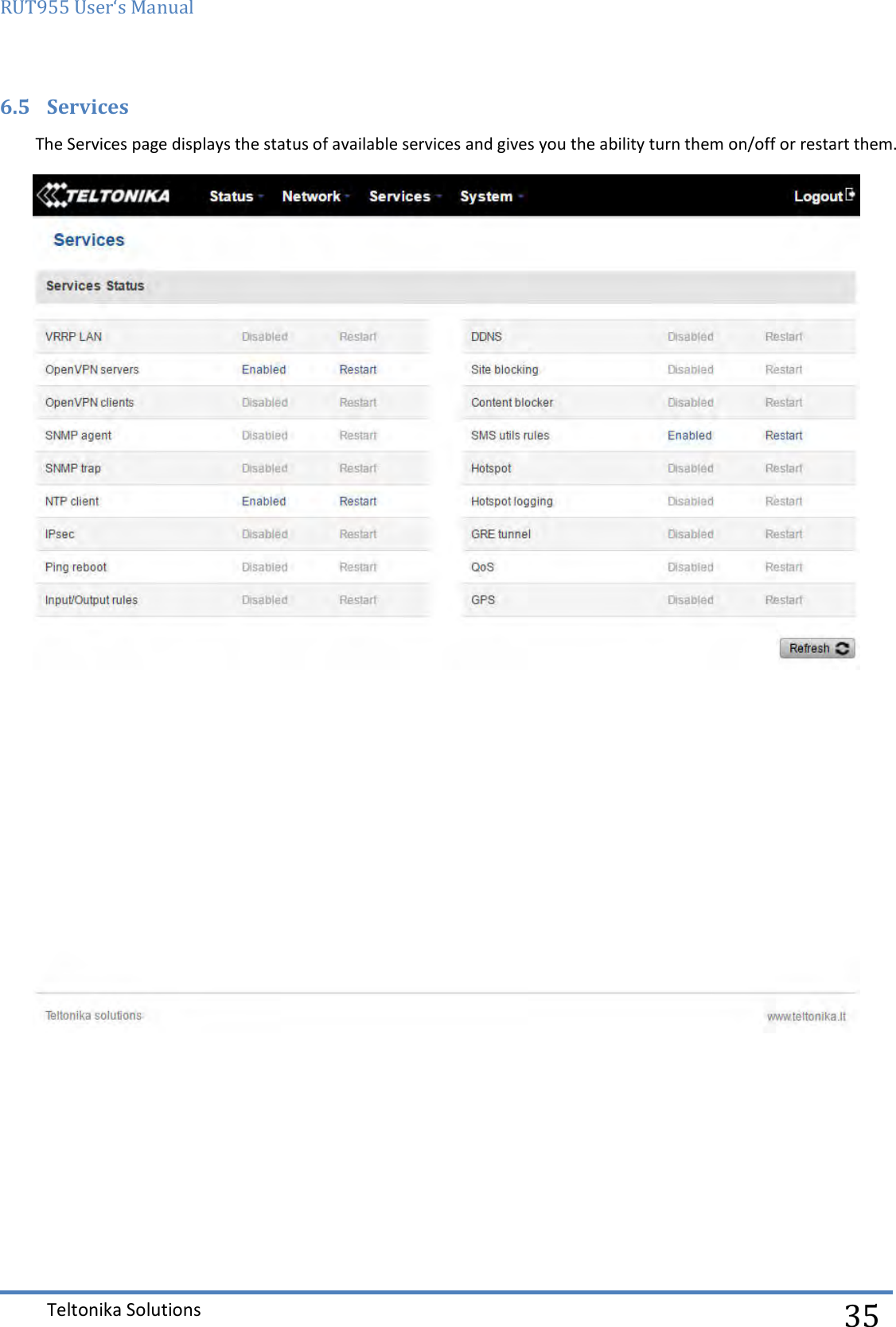 RUT955 User‘s Manual   Teltonika Solutions  35 6.5 Services The Services page displays the status of available services and gives you the ability turn them on/off or restart them.     