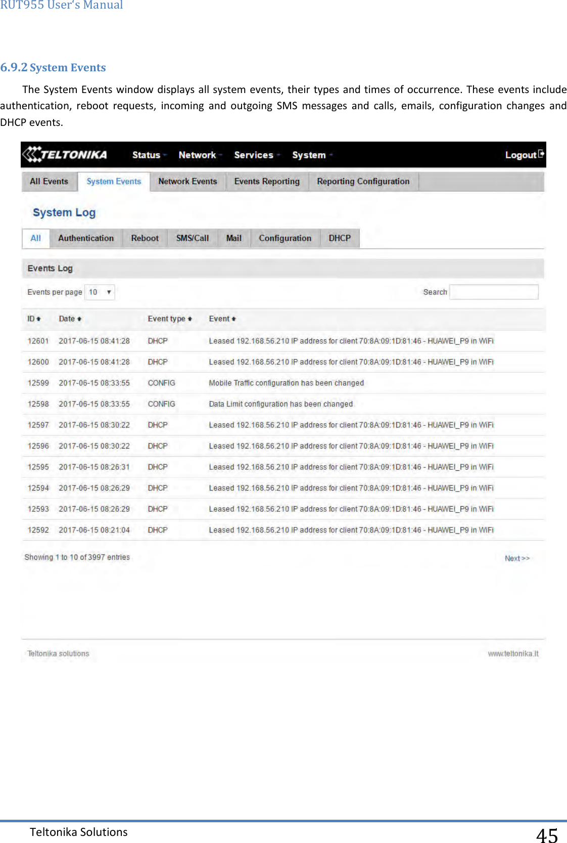 RUT955 User‘s Manual   Teltonika Solutions  45 6.9.2 System Events The System Events window displays all system events, their types and times of occurrence. These events include authentication,  reboot  requests,  incoming  and  outgoing  SMS  messages  and  calls,  emails,  configuration  changes  and DHCP events.      