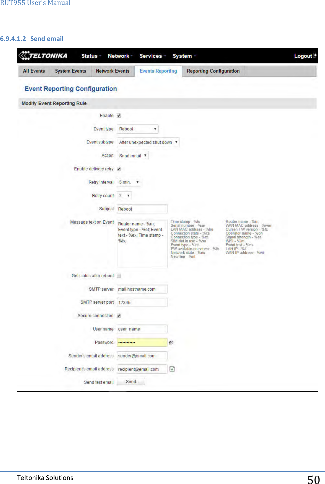 RUT955 User‘s Manual   Teltonika Solutions  50 6.9.4.1.2 Send email     