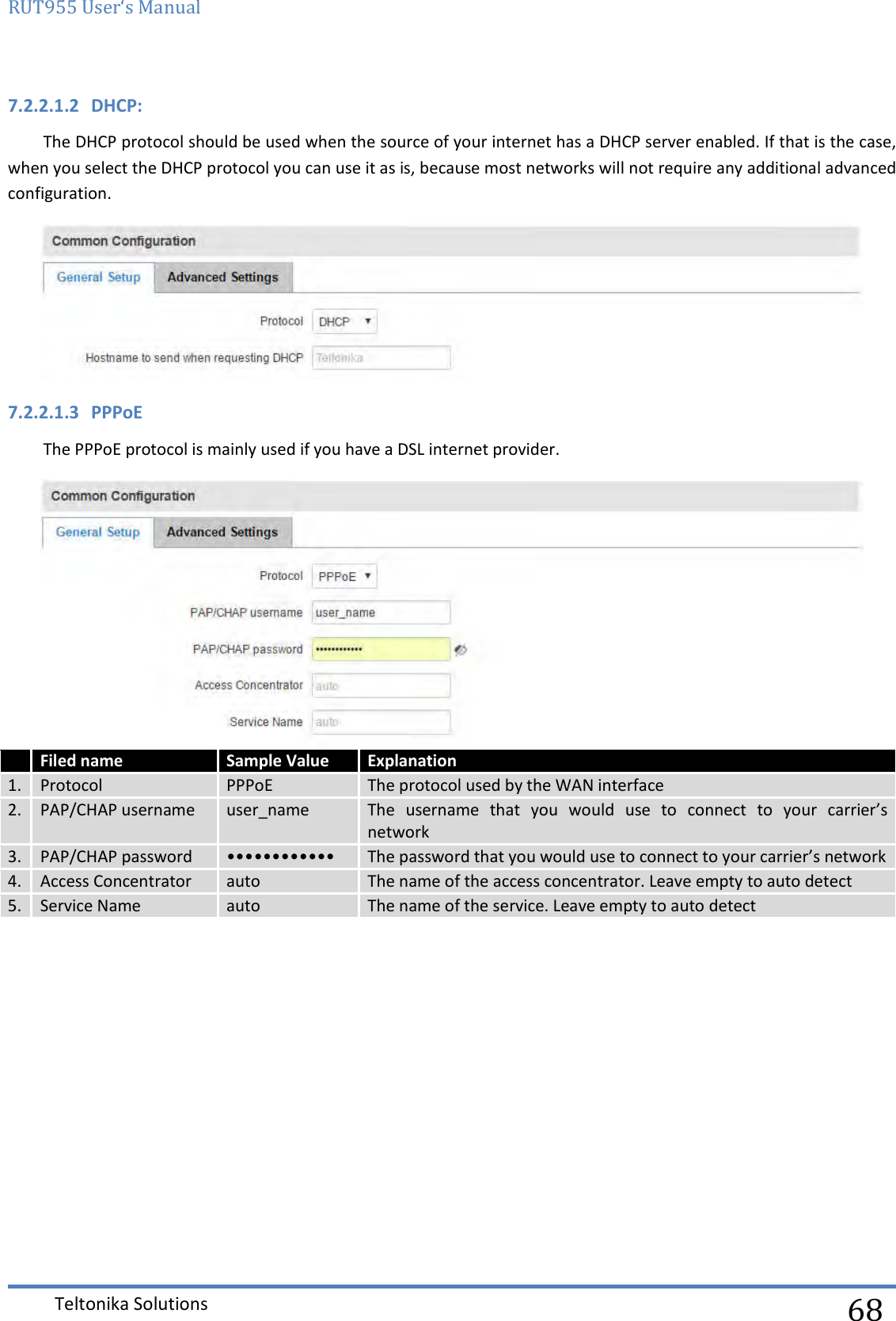 RUT955 User‘s Manual   Teltonika Solutions  68 7.2.2.1.2 DHCP: The DHCP protocol should be used when the source of your internet has a DHCP server enabled. If that is the case, when you select the DHCP protocol you can use it as is, because most networks will not require any additional advanced configuration.  7.2.2.1.3 PPPoE The PPPoE protocol is mainly used if you have a DSL internet provider.   Filed name Sample Value Explanation 1. Protocol PPPoE The protocol used by the WAN interface 2. PAP/CHAP username user_name The  username  that  you  would  use  to  connect  to  your  carrier’s network  3. PAP/CHAP password •••••••••••• The password that you would use to connect to your carrier’s network 4. Access Concentrator auto The name of the access concentrator. Leave empty to auto detect 5. Service Name auto The name of the service. Leave empty to auto detect     