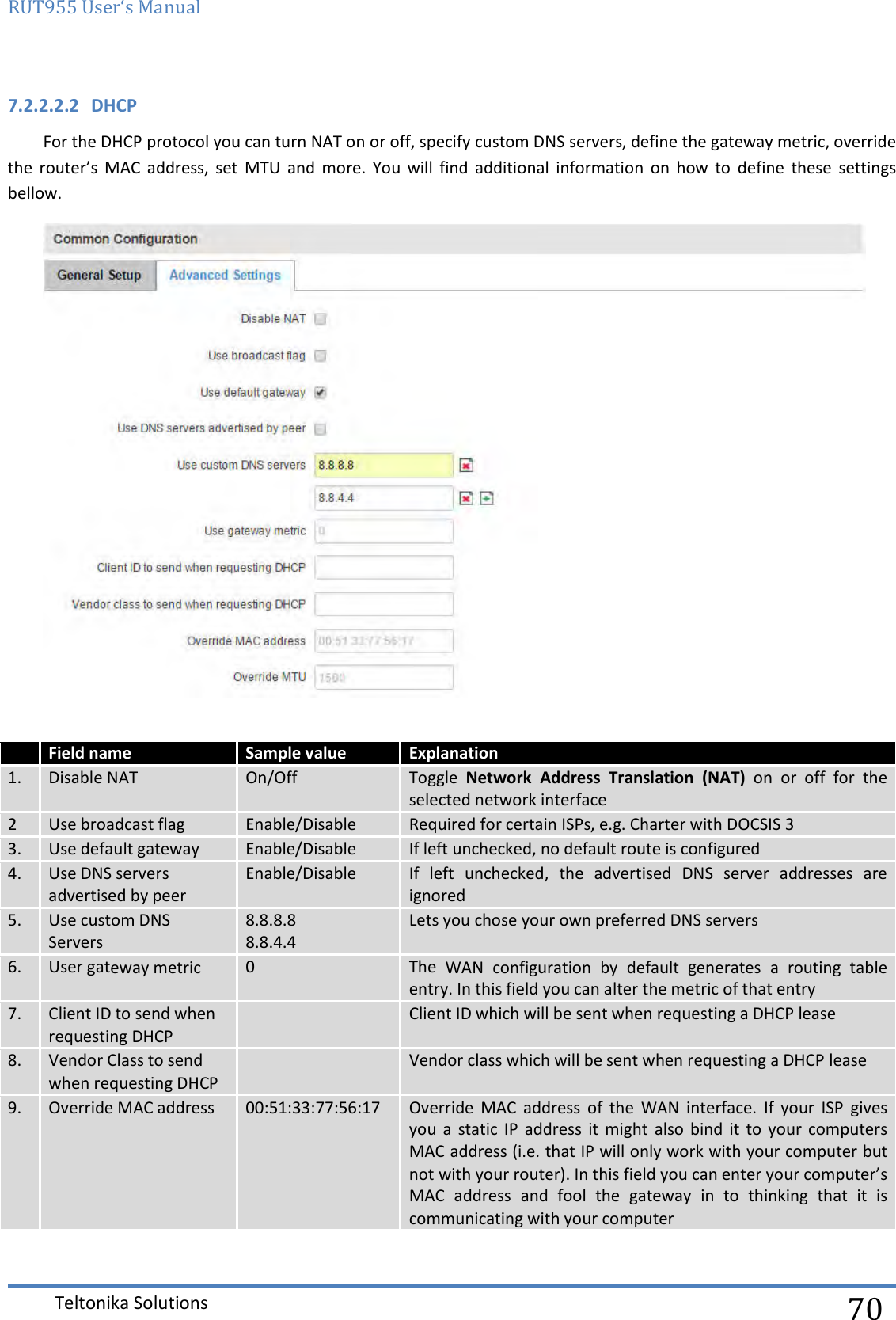 RUT955 User‘s Manual   Teltonika Solutions  70 7.2.2.2.2 DHCP For the DHCP protocol you can turn NAT on or off, specify custom DNS servers, define the gateway metric, override the  router’s  MAC  address,  set  MTU  and  more.  You  will  find  additional  information  on  how  to  define  these  settings bellow.    Field name Sample value Explanation 1. Disable NAT On/Off Toggle  Network  Address  Translation  (NAT)  on  or  off  for  the selected network interface 2 Use broadcast flag Enable/Disable Required for certain ISPs, e.g. Charter with DOCSIS 3 3. Use default gateway Enable/Disable If left unchecked, no default route is configured 4. Use DNS servers advertised by peer Enable/Disable If  left  unchecked,  the  advertised  DNS  server  addresses  are ignored 5. Use custom DNS Servers 8.8.8.8 8.8.4.4 Lets you chose your own preferred DNS servers  6. User gateway metric 0 The  WAN  configuration  by  default  generates  a  routing  table entry. In this field you can alter the metric of that entry 7. Client ID to send when requesting DHCP  Client ID which will be sent when requesting a DHCP lease 8. Vendor Class to send when requesting DHCP  Vendor class which will be sent when requesting a DHCP lease 9. Override MAC address 00:51:33:77:56:17 Override  MAC  address  of  the  WAN  interface.  If  your  ISP  gives you  a  static  IP  address  it  might  also  bind  it  to  your  computers MAC address (i.e. that IP will only work with your computer but not with your router). In this field you can enter your computer’s MAC  address  and  fool  the  gateway  in  to  thinking  that  it  is communicating with your computer 