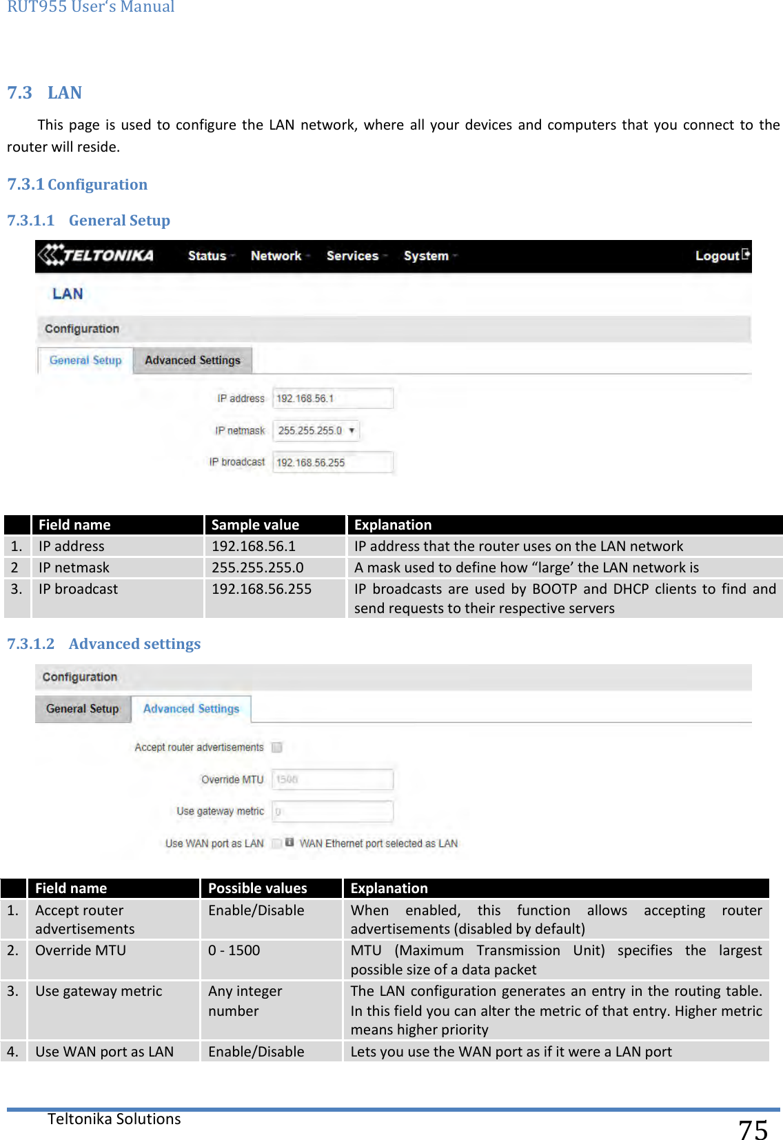 RUT955 User‘s Manual   Teltonika Solutions  75 7.3 LAN This  page is  used to  configure the  LAN  network, where  all your  devices and  computers that  you connect  to  the router will reside. 7.3.1 Configuration 7.3.1.1 General Setup    Field name Sample value Explanation 1. IP address 192.168.56.1 IP address that the router uses on the LAN network 2 IP netmask 255.255.255.0 A mask used to define how “large’ the LAN network is 3. IP broadcast 192.168.56.255 IP  broadcasts  are  used  by  BOOTP  and  DHCP  clients  to  find  and send requests to their respective servers 7.3.1.2 Advanced settings   Field name Possible values Explanation 1. Accept router advertisements Enable/Disable When  enabled,  this  function  allows  accepting  router advertisements (disabled by default) 2. Override MTU 0 - 1500 MTU  (Maximum  Transmission  Unit)  specifies  the  largest possible size of a data packet 3. Use gateway metric Any integer number The LAN configuration generates an entry in the routing table. In this field you can alter the metric of that entry. Higher metric means higher priority 4. Use WAN port as LAN Enable/Disable Lets you use the WAN port as if it were a LAN port 