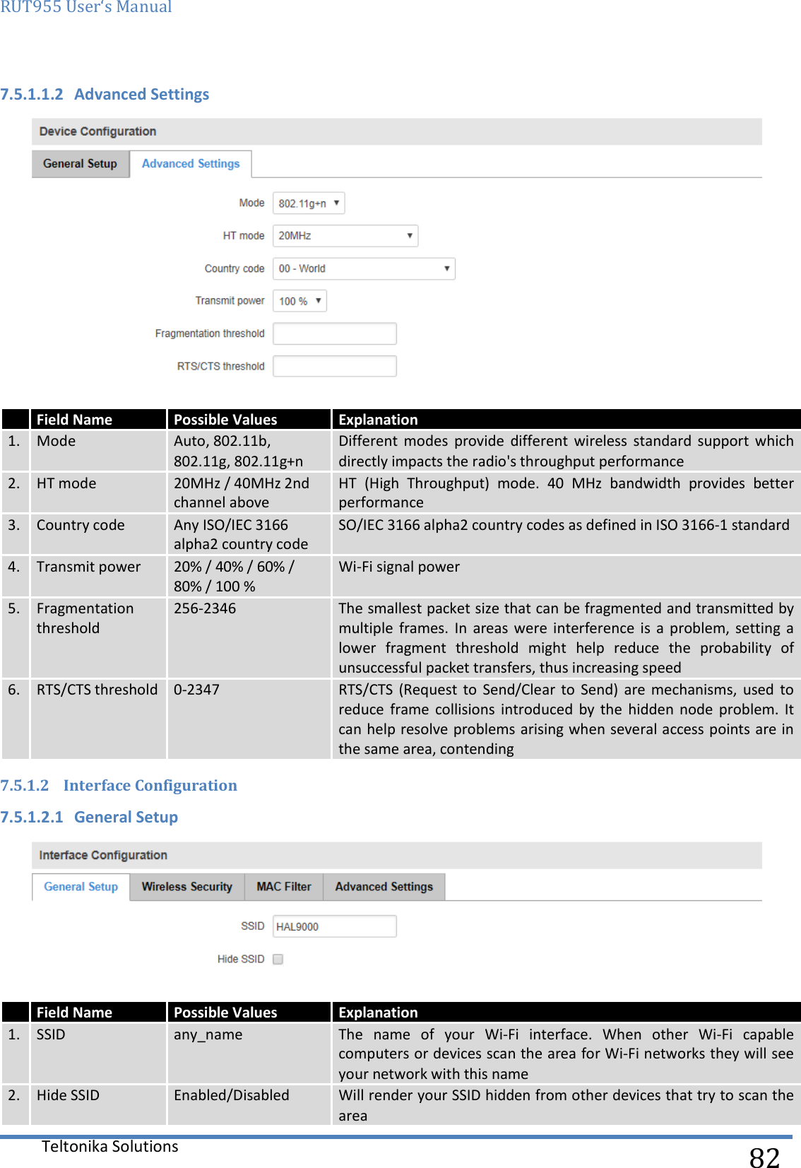 RUT955 User‘s Manual   Teltonika Solutions  82 7.5.1.1.2 Advanced Settings  7.5.1.2 Interface Configuration 7.5.1.2.1 General Setup   Field Name Possible Values Explanation 1. Mode Auto, 802.11b, 802.11g, 802.11g+n Different  modes  provide  different  wireless  standard  support  which directly impacts the radio&apos;s throughput performance 2. HT mode 20MHz / 40MHz 2nd channel above HT  (High  Throughput)  mode.  40  MHz  bandwidth  provides  better performance 3. Country code Any ISO/IEC 3166 alpha2 country code SO/IEC 3166 alpha2 country codes as defined in ISO 3166-1 standard 4. Transmit power 20% / 40% / 60% / 80% / 100 % Wi-Fi signal power 5. Fragmentation threshold 256-2346 The smallest packet size that can be fragmented and transmitted by multiple  frames.  In  areas were  interference is  a  problem,  setting a lower  fragment  threshold  might  help  reduce  the  probability  of unsuccessful packet transfers, thus increasing speed 6. RTS/CTS threshold 0-2347 RTS/CTS  (Request  to  Send/Clear  to  Send)  are  mechanisms,  used  to reduce  frame  collisions  introduced by  the  hidden  node  problem. It can help resolve problems arising when several access points are in the same area, contending  Field Name Possible Values Explanation 1. SSID any_name The  name  of  your  Wi-Fi  interface.  When  other  Wi-Fi  capable computers or devices scan the area for Wi-Fi networks they will see your network with this name 2. Hide SSID Enabled/Disabled Will render your SSID hidden from other devices that try to scan the area 