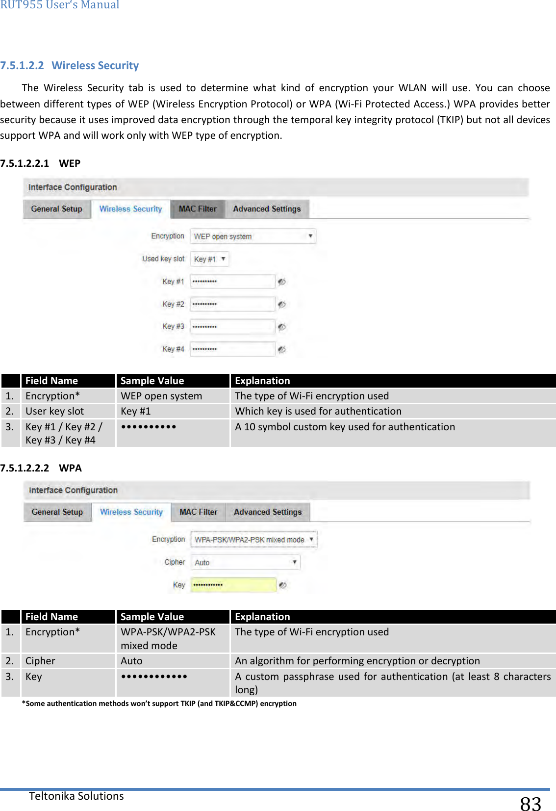 RUT955 User‘s Manual   Teltonika Solutions  83 7.5.1.2.2 Wireless Security The  Wireless  Security  tab  is  used  to  determine  what  kind  of  encryption  your  WLAN  will  use.  You  can  choose between different types of WEP (Wireless Encryption Protocol) or WPA (Wi-Fi Protected Access.) WPA provides better security because it uses improved data encryption through the temporal key integrity protocol (TKIP) but not all devices support WPA and will work only with WEP type of encryption.  7.5.1.2.2.1 WEP  7.5.1.2.2.2 WPA  *Some authentication methods won’t support TKIP (and TKIP&amp;CCMP) encryption     Field Name Sample Value Explanation 1. Encryption* WEP open system The type of Wi-Fi encryption used 2. User key slot Key #1 Which key is used for authentication 3. Key #1 / Key #2 / Key #3 / Key #4 •••••••••• A 10 symbol custom key used for authentication  Field Name Sample Value Explanation 1. Encryption* WPA-PSK/WPA2-PSK mixed mode The type of Wi-Fi encryption used 2. Cipher Auto An algorithm for performing encryption or decryption 3. Key •••••••••••• A  custom passphrase used  for  authentication  (at least  8  characters long) 