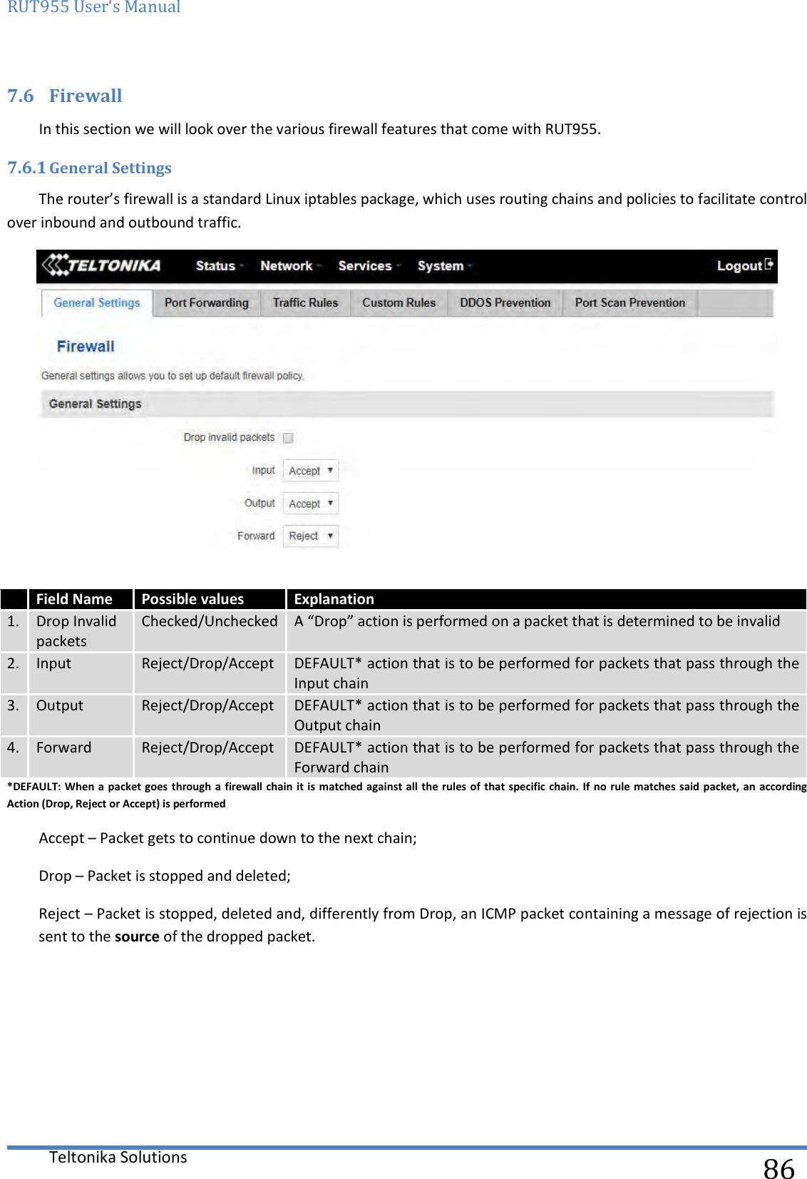 RUT955 User‘s Manual   Teltonika Solutions  86 7.6 Firewall In this section we will look over the various firewall features that come with RUT955. 7.6.1 General Settings The router’s firewall is a standard Linux iptables package, which uses routing chains and policies to facilitate control over inbound and outbound traffic.    Field Name Possible values  Explanation 1. Drop Invalid packets Checked/Unchecked A “Drop” action is performed on a packet that is determined to be invalid 2. Input Reject/Drop/Accept DEFAULT* action that is to be performed for packets that pass through the Input chain 3. Output Reject/Drop/Accept DEFAULT* action that is to be performed for packets that pass through the Output chain 4. Forward Reject/Drop/Accept DEFAULT* action that is to be performed for packets that pass through the Forward chain *DEFAULT: When a  packet goes through a  firewall chain it is  matched against all  the rules of  that specific chain. If  no rule matches said packet, an  according Action (Drop, Reject or Accept) is performed Accept – Packet gets to continue down to the next chain; Drop – Packet is stopped and deleted; Reject – Packet is stopped, deleted and, differently from Drop, an ICMP packet containing a message of rejection is sent to the source of the dropped packet.    