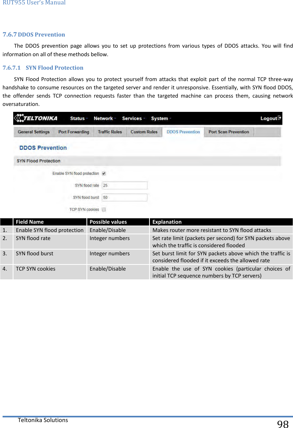 RUT955 User‘s Manual   Teltonika Solutions  98 7.6.7 DDOS Prevention The  DDOS  prevention  page  allows  you  to  set  up  protections  from  various  types  of  DDOS  attacks.  You  will  find information on all of these methods bellow. 7.6.7.1 SYN Flood Protection SYN  Flood Protection  allows  you to  protect yourself  from  attacks that  exploit part  of  the  normal TCP  three-way handshake to consume resources on the targeted server and render it unresponsive. Essentially, with SYN flood DDOS, the  offender  sends  TCP  connection  requests  faster  than  the  targeted  machine  can  process  them,  causing  network oversaturation.   Field Name Possible values  Explanation 1. Enable SYN flood protection Enable/Disable Makes router more resistant to SYN flood attacks 2. SYN flood rate Integer numbers Set rate limit (packets per second) for SYN packets above which the traffic is considered flooded 3. SYN flood burst Integer numbers Set burst limit for SYN packets above which the traffic is considered flooded if it exceeds the allowed rate 4. TCP SYN cookies Enable/Disable Enable  the  use  of  SYN  cookies  (particular  choices  of initial TCP sequence numbers by TCP servers)     