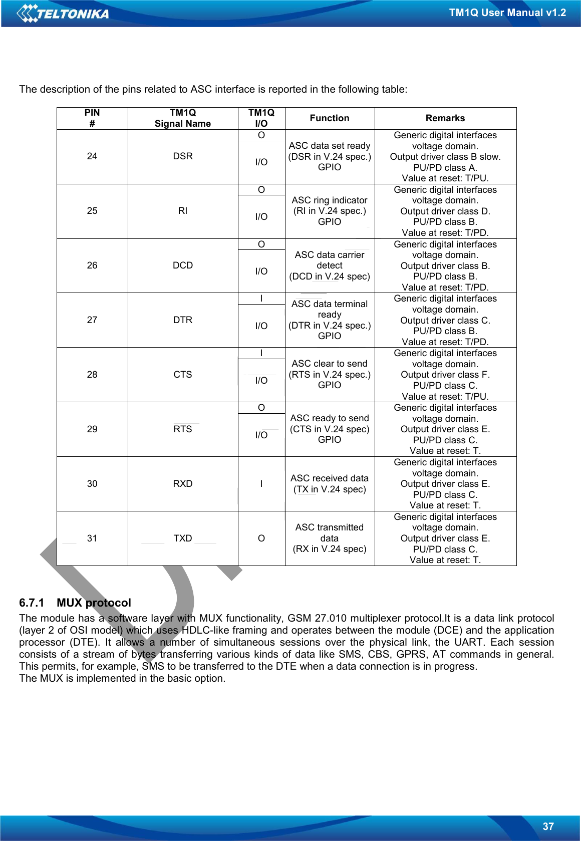   37 TM1Q User Manual v1.2 The description of the pins related to ASC interface is reported in the following table:  PIN # TM1Q Signal Name TM1Q I/O  Function  Remarks O 24  DSR  I/O ASC data set ready (DSR in V.24 spec.) GPIO Generic digital interfaces voltage domain. Output driver class B slow. PU/PD class A. Value at reset: T/PU. O 25  RI  I/O ASC ring indicator (RI in V.24 spec.) GPIO Generic digital interfaces voltage domain. Output driver class D. PU/PD class B. Value at reset: T/PD. O 26  DCD  I/O ASC data carrier detect (DCD in V.24 spec) Generic digital interfaces voltage domain. Output driver class B. PU/PD class B. Value at reset: T/PD. I 27  DTR  I/O ASC data terminal ready (DTR in V.24 spec.) GPIO Generic digital interfaces voltage domain. Output driver class C. PU/PD class B. Value at reset: T/PD. I 28  CTS  I/O ASC clear to send (RTS in V.24 spec.) GPIO Generic digital interfaces voltage domain. Output driver class F. PU/PD class C. Value at reset: T/PU. O 29  RTS  I/O ASC ready to send  (CTS in V.24 spec) GPIO Generic digital interfaces voltage domain. Output driver class E. PU/PD class C. Value at reset: T. 30  RXD  I  ASC received data (TX in V.24 spec) Generic digital interfaces voltage domain. Output driver class E. PU/PD class C. Value at reset: T. 31  TXD  O ASC transmitted data (RX in V.24 spec) Generic digital interfaces voltage domain. Output driver class E. PU/PD class C. Value at reset: T.   6.7.1  MUX protocol The module has a software layer with MUX functionality, GSM 27.010 multiplexer protocol.It is a data link protocol (layer 2 of OSI model) which uses HDLC-like framing and operates between the module (DCE) and the application processor  (DTE).  It  allows  a  number  of  simultaneous  sessions  over  the  physical  link,  the  UART.  Each  session consists of a stream  of  bytes transferring various kinds of data  like SMS, CBS, GPRS, AT commands in general. This permits, for example, SMS to be transferred to the DTE when a data connection is in progress. The MUX is implemented in the basic option.    