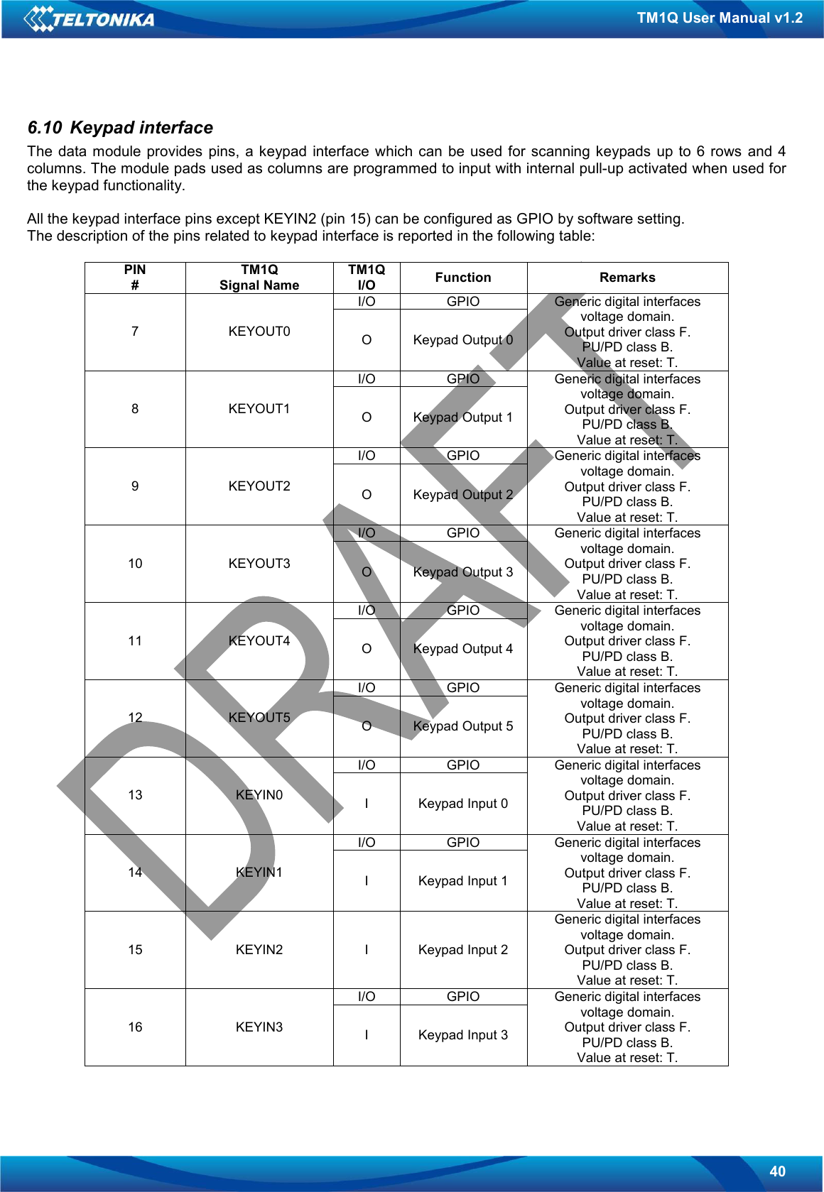   40 TM1Q User Manual v1.2 6.10  Keypad interface The  data  module provides  pins,  a  keypad  interface  which can  be  used  for scanning  keypads up to 6 rows and 4 columns. The module pads used as columns are programmed to input with internal pull-up activated when used for the keypad functionality.  All the keypad interface pins except KEYIN2 (pin 15) can be configured as GPIO by software setting. The description of the pins related to keypad interface is reported in the following table:  PIN # TM1Q Signal Name TM1Q I/O  Function  Remarks I/O  GPIO 7  KEYOUT0  O  Keypad Output 0 Generic digital interfaces voltage domain. Output driver class F. PU/PD class B. Value at reset: T. I/O  GPIO 8  KEYOUT1  O  Keypad Output 1 Generic digital interfaces voltage domain. Output driver class F. PU/PD class B. Value at reset: T. I/O  GPIO 9  KEYOUT2  O  Keypad Output 2 Generic digital interfaces voltage domain. Output driver class F. PU/PD class B. Value at reset: T. I/O  GPIO 10  KEYOUT3  O  Keypad Output 3 Generic digital interfaces voltage domain. Output driver class F. PU/PD class B. Value at reset: T. I/O  GPIO 11  KEYOUT4  O  Keypad Output 4 Generic digital interfaces voltage domain. Output driver class F. PU/PD class B. Value at reset: T. I/O  GPIO 12  KEYOUT5  O  Keypad Output 5 Generic digital interfaces voltage domain. Output driver class F. PU/PD class B. Value at reset: T. I/O  GPIO 13  KEYIN0  I  Keypad Input 0 Generic digital interfaces voltage domain. Output driver class F. PU/PD class B. Value at reset: T. I/O  GPIO 14  KEYIN1  I  Keypad Input 1 Generic digital interfaces voltage domain. Output driver class F. PU/PD class B. Value at reset: T. 15  KEYIN2  I  Keypad Input 2 Generic digital interfaces voltage domain. Output driver class F. PU/PD class B. Value at reset: T. I/O  GPIO 16  KEYIN3  I  Keypad Input 3 Generic digital interfaces voltage domain. Output driver class F. PU/PD class B. Value at reset: T.  