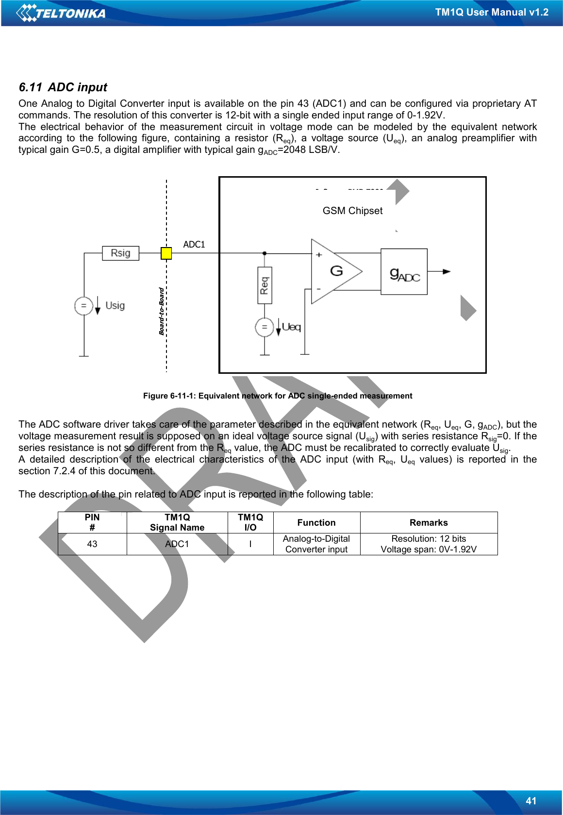   41 TM1Q User Manual v1.2 6.11  ADC input One Analog to Digital Converter input is available on the pin 43 (ADC1) and can be configured via proprietary AT commands. The resolution of this converter is 12-bit with a single ended input range of 0-1.92V. The  electrical  behavior  of  the  measurement  circuit  in  voltage  mode  can  be  modeled  by  the  equivalent  network according  to  the  following  figure,  containing  a  resistor  (Req),  a  voltage  source  (Ueq),  an  analog  preamplifier  with typical gain G=0.5, a digital amplifier with typical gain gADC=2048 LSB/V.   Figure 6-11-1: Equivalent network for ADC single-ended measurement  The ADC software driver takes care of the parameter described in the equivalent network (Req, Ueq, G, gADC), but the voltage measurement result is supposed on an ideal voltage source signal (Usig) with series resistance Rsig=0. If the series resistance is not so different from the Req value, the ADC must be recalibrated to correctly evaluate Usig. A  detailed  description  of  the  electrical  characteristics  of  the  ADC  input  (with  Req,  Ueq  values)  is  reported  in  the section 7.2.4 of this document.  The description of the pin related to ADC input is reported in the following table:  PIN # TM1Q Signal Name TM1Q I/O  Function  Remarks 43  ADC1  I  Analog-to-Digital Converter input Resolution: 12 bits Voltage span: 0V-1.92V               ADC1Board-to-BoardInfineon PMB 7880E-GOLDvoiceGSM ChipsetADC1Board-to-BoardInfineon PMB 7880E-GOLDvoiceGSM Chipset GSM Chipset 