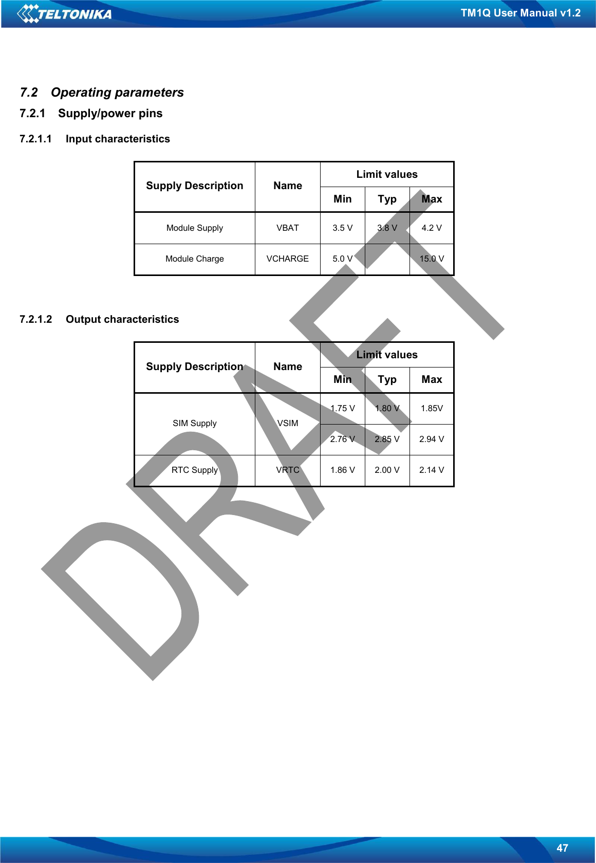   47 TM1Q User Manual v1.2 7.2  Operating parameters 7.2.1  Supply/power pins 7.2.1.1  Input characteristics  Limit values Supply Description  Name Min  Typ  Max Module Supply  VBAT  3.5 V  3.8 V  4.2 V Module Charge  VCHARGE  5.0 V    15.0 V   7.2.1.2  Output characteristics  Limit values Supply Description  Name Min  Typ  Max 1.75 V  1.80 V  1.85V SIM Supply  VSIM 2.76 V  2.85 V  2.94 V RTC Supply  VRTC  1.86 V  2.00 V  2.14 V                        