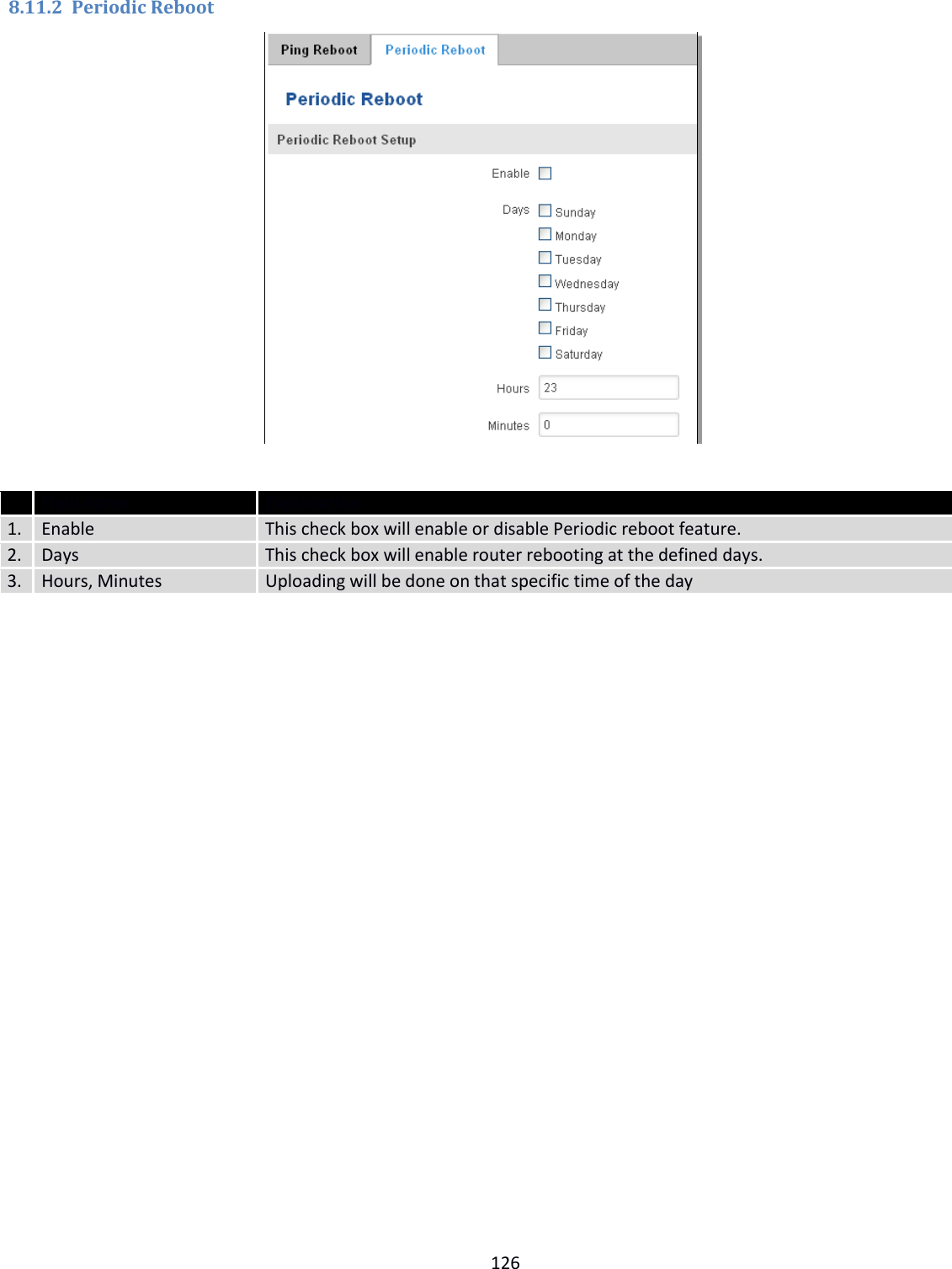  126  8.11.2 Periodic Reboot    Field name Explanation 1. Enable This check box will enable or disable Periodic reboot feature. 2. Days This check box will enable router rebooting at the defined days. 3. Hours, Minutes Uploading will be done on that specific time of the day    