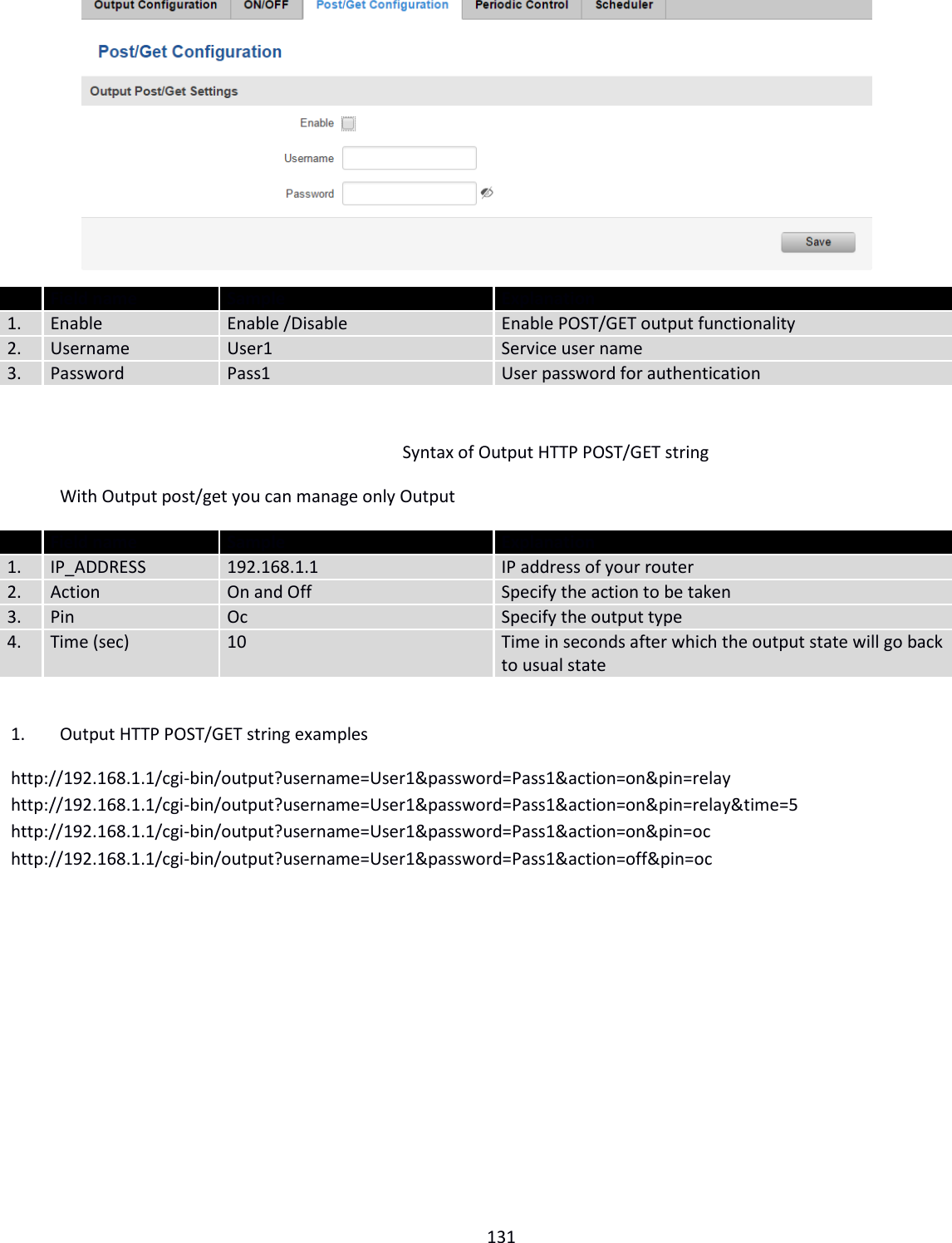  131          Field name Sample Explanation 1. Enable Enable /Disable Enable POST/GET output functionality 2. Username User1 Service user name 3. Password Pass1 User password for authentication  Syntax of Output HTTP POST/GET string With Output post/get you can manage only Output  Field name Sample Explanation 1. IP_ADDRESS 192.168.1.1 IP address of your router 2. Action On and Off Specify the action to be taken 3. Pin Oc  Specify the output type 4. Time (sec) 10 Time in seconds after which the output state will go back to usual state  1. Output HTTP POST/GET string examples http://192.168.1.1/cgi-bin/output?username=User1&amp;password=Pass1&amp;action=on&amp;pin=relay http://192.168.1.1/cgi-bin/output?username=User1&amp;password=Pass1&amp;action=on&amp;pin=relay&amp;time=5 http://192.168.1.1/cgi-bin/output?username=User1&amp;password=Pass1&amp;action=on&amp;pin=oc http://192.168.1.1/cgi-bin/output?username=User1&amp;password=Pass1&amp;action=off&amp;pin=oc   