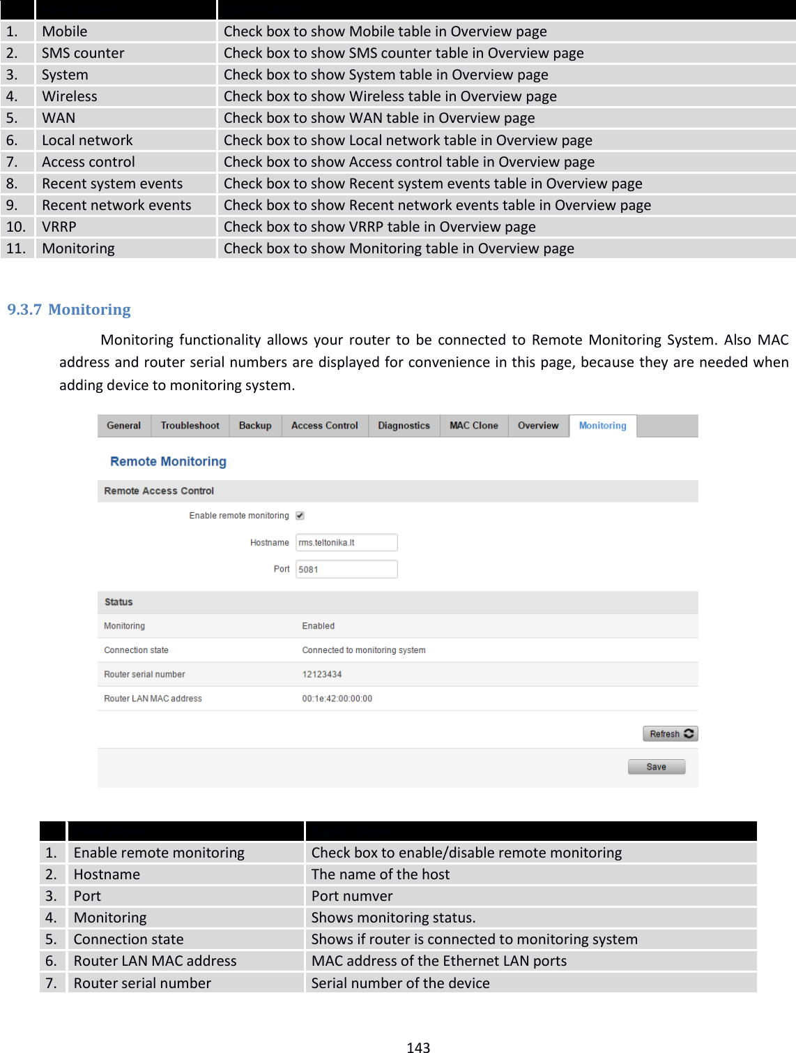  143   Field name Explanation 1. Mobile Check box to show Mobile table in Overview page 2. SMS counter Check box to show SMS counter table in Overview page 3. System Check box to show System table in Overview page 4. Wireless Check box to show Wireless table in Overview page 5. WAN Check box to show WAN table in Overview page 6. Local network Check box to show Local network table in Overview page 7. Access control Check box to show Access control table in Overview page 8. Recent system events Check box to show Recent system events table in Overview page 9. Recent network events Check box to show Recent network events table in Overview page 10. VRRP Check box to show VRRP table in Overview page 11. Monitoring Check box to show Monitoring table in Overview page  9.3.7 Monitoring Monitoring functionality allows your router to be connected to  Remote Monitoring System. Also MAC address and router serial numbers are displayed for convenience in this page, because they are needed when adding device to monitoring system.             Field name Explanation 1. Enable remote monitoring Check box to enable/disable remote monitoring 2. Hostname The name of the host 3. Port Port numver 4. Monitoring Shows monitoring status. 5. Connection state Shows if router is connected to monitoring system 6. Router LAN MAC address MAC address of the Ethernet LAN ports 7. Router serial number Serial number of the device  