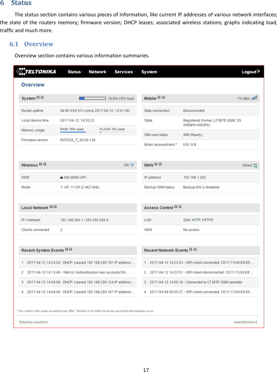  17  6 Status The status section contains various pieces of information, like current IP addresses of various network interfaces; the state of the routers memory; firmware version; DHCP leases; associated wireless stations; graphs indicating load, traffic and much more. 6.1 Overview Overview section contains various information summaries.        