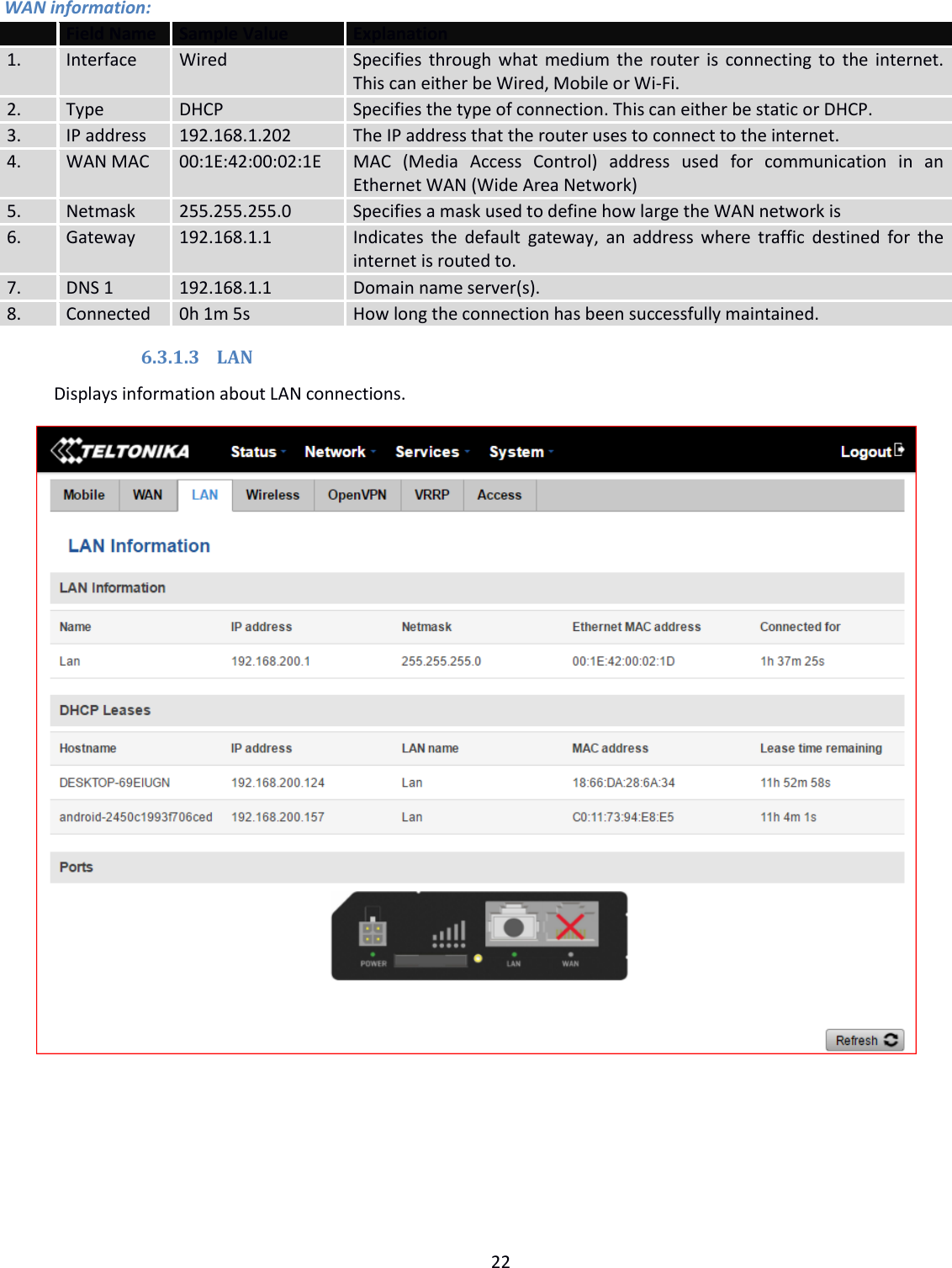  22  WAN information:  Field Name Sample Value Explanation 1. Interface Wired Specifies through what medium the router is  connecting to the internet. This can either be Wired, Mobile or Wi-Fi. 2. Type DHCP Specifies the type of connection. This can either be static or DHCP. 3. IP address 192.168.1.202 The IP address that the router uses to connect to the internet. 4. WAN MAC 00:1E:42:00:02:1E MAC  (Media  Access  Control)  address  used  for  communication  in  an Ethernet WAN (Wide Area Network) 5. Netmask 255.255.255.0 Specifies a mask used to define how large the WAN network is 6. Gateway 192.168.1.1 Indicates  the  default gateway, an  address where  traffic  destined for the internet is routed to. 7. DNS 1 192.168.1.1 Domain name server(s). 8. Connected 0h 1m 5s How long the connection has been successfully maintained. 6.3.1.3 LAN Displays information about LAN connections.    