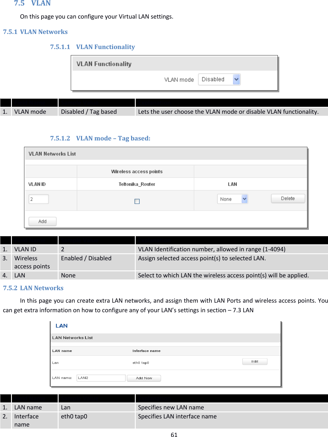  61  7.5 VLAN On this page you can configure your Virtual LAN settings. 7.5.1 VLAN Networks 7.5.1.1 VLAN Functionality   Field Name Sample Value Explanation 1. VLAN mode Disabled / Tag based Lets the user choose the VLAN mode or disable VLAN functionality.  7.5.1.2 VLAN mode – Tag based:   Field Name Sample Value Explanation 1. VLAN ID 2 VLAN Identification number, allowed in range (1-4094) 3. Wireless access points Enabled / Disabled Assign selected access point(s) to selected LAN. 4. LAN None Select to which LAN the wireless access point(s) will be applied. 7.5.2 LAN Networks In this page you can create extra LAN networks, and assign them with LAN Ports and wireless access points. You can get extra information on how to configure any of your LAN’s settings in section – 7.3 LAN   Field Name Sample Value Explanation 1. LAN name Lan Specifies new LAN name 2. Interface name eth0 tap0 Specifies LAN interface name 