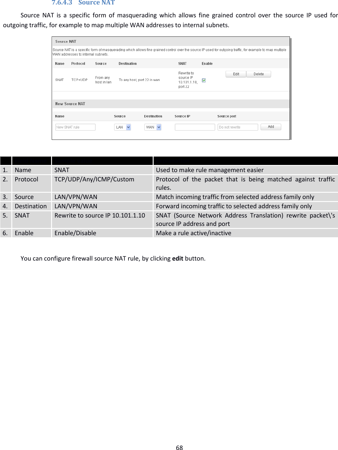  68  7.6.4.3 Source NAT Source  NAT  is a  specific  form of masquerading which allows  fine  grained control over  the  source  IP  used  for outgoing traffic, for example to map multiple WAN addresses to internal subnets.    Field Name Sample value  Explanation 1. Name SNAT Used to make rule management easier 2. Protocol TCP/UDP/Any/ICMP/Custom Protocol  of  the  packet  that  is  being  matched  against  traffic rules. 3. Source LAN/VPN/WAN Match incoming traffic from selected address family only 4. Destination LAN/VPN/WAN Forward incoming traffic to selected address family only 5. SNAT Rewrite to source IP 10.101.1.10 SNAT  (Source  Network  Address  Translation)  rewrite  packet\&apos;s source IP address and port 6. Enable Enable/Disable Make a rule active/inactive  You can configure firewall source NAT rule, by clicking edit button. 