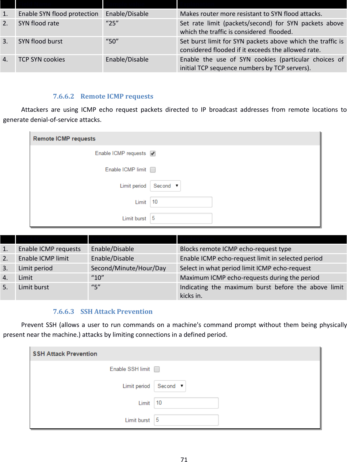  71   Field Name Sample value  Explanation 1. Enable SYN flood protection Enable/Disable Makes router more resistant to SYN flood attacks. 2. SYN flood rate “25” Set  rate  limit  (packets/second)  for  SYN  packets  above which the traffic is considered  flooded. 3. SYN flood burst “50” Set burst limit for SYN packets above which the traffic is considered flooded if it exceeds the allowed rate. 4. TCP SYN cookies Enable/Disable Enable  the  use  of  SYN  cookies  (particular  choices  of initial TCP sequence numbers by TCP servers).  7.6.6.2 Remote ICMP requests Attackers  are  using  ICMP  echo  request  packets  directed  to  IP  broadcast  addresses  from  remote  locations  to generate denial-of-service attacks.   Field Name Sample value  Explanation 1. Enable ICMP requests Enable/Disable Blocks remote ICMP echo-request type 2. Enable ICMP limit Enable/Disable Enable ICMP echo-request limit in selected period 3. Limit period Second/Minute/Hour/Day Select in what period limit ICMP echo-request 4. Limit “10” Maximum ICMP echo-requests during the period 5. Limit burst “5” Indicating  the  maximum  burst  before  the  above  limit kicks in. 7.6.6.3 SSH Attack Prevention Prevent SSH (allows a user to run commands on a machine&apos;s command prompt without them being physically present near the machine.) attacks by limiting connections in a defined period.   