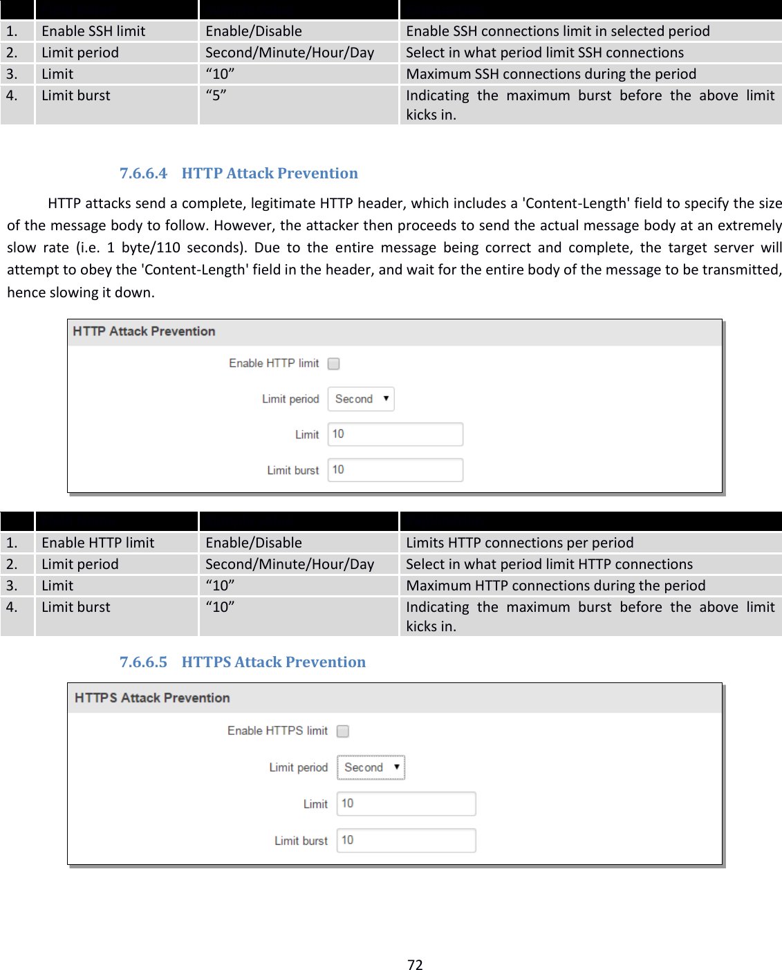  72     Field Name Sample value  Explanation 1. Enable SSH limit Enable/Disable Enable SSH connections limit in selected period 2. Limit period Second/Minute/Hour/Day Select in what period limit SSH connections 3. Limit “10” Maximum SSH connections during the period 4. Limit burst “5” Indicating  the  maximum  burst  before  the  above  limit kicks in.  7.6.6.4 HTTP Attack Prevention HTTP attacks send a complete, legitimate HTTP header, which includes a &apos;Content-Length&apos; field to specify the size of the message body to follow. However, the attacker then proceeds to send the actual message body at an extremely slow  rate  (i.e.  1  byte/110  seconds).  Due  to  the  entire  message  being  correct  and  complete,  the  target  server  will attempt to obey the &apos;Content-Length&apos; field in the header, and wait for the entire body of the message to be transmitted, hence slowing it down.   Field Name Sample value  Explanation 1. Enable HTTP limit Enable/Disable Limits HTTP connections per period 2. Limit period Second/Minute/Hour/Day Select in what period limit HTTP connections 3. Limit “10” Maximum HTTP connections during the period 4. Limit burst “10” Indicating  the  maximum  burst  before  the  above  limit kicks in. 7.6.6.5 HTTPS Attack Prevention    