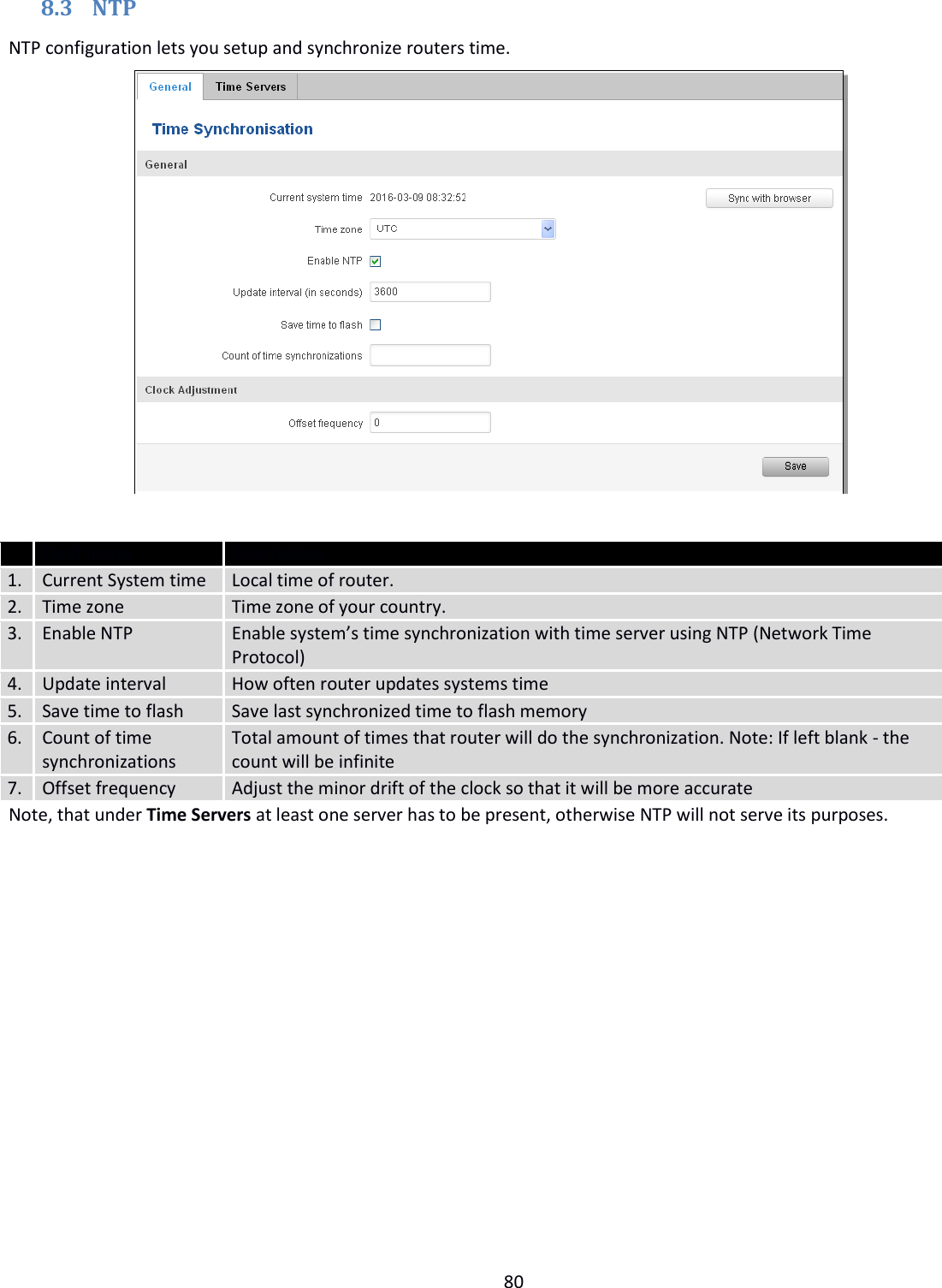  80  8.3 NTP NTP configuration lets you setup and synchronize routers time.    Field name Description 1. Current System time Local time of router. 2. Time zone Time zone of your country. 3. Enable NTP Enable system’s time synchronization with time server using NTP (Network Time Protocol) 4. Update interval How often router updates systems time 5. Save time to flash Save last synchronized time to flash memory 6. Count of time synchronizations Total amount of times that router will do the synchronization. Note: If left blank - the count will be infinite 7. Offset frequency Adjust the minor drift of the clock so that it will be more accurate Note, that under Time Servers at least one server has to be present, otherwise NTP will not serve its purposes.           