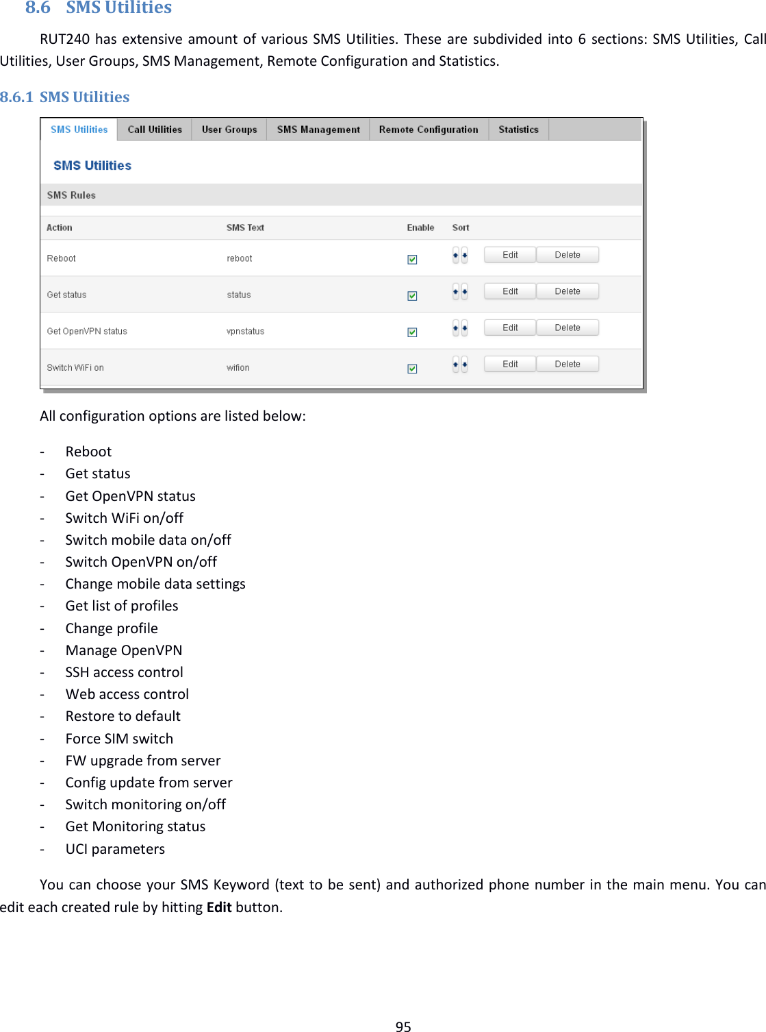  95  8.6 SMS Utilities RUT240 has extensive amount of various SMS Utilities. These are subdivided into 6 sections: SMS Utilities, Call Utilities, User Groups, SMS Management, Remote Configuration and Statistics.  8.6.1 SMS Utilities  All configuration options are listed below: - Reboot - Get status - Get OpenVPN status - Switch WiFi on/off - Switch mobile data on/off - Switch OpenVPN on/off - Change mobile data settings - Get list of profiles - Change profile - Manage OpenVPN - SSH access control - Web access control - Restore to default - Force SIM switch - FW upgrade from server - Config update from server - Switch monitoring on/off - Get Monitoring status - UCI parameters  You can choose your SMS Keyword (text to be sent) and authorized phone number in the main menu. You can edit each created rule by hitting Edit button. 