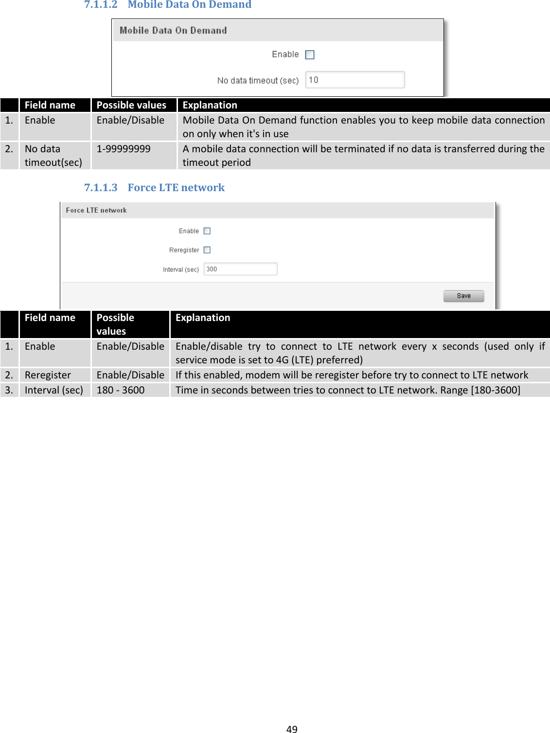  49  7.1.1.2 Mobile Data On Demand   Field name Possible values Explanation 1. Enable Enable/Disable Mobile Data On Demand function enables you to keep mobile data connection on only when it&apos;s in use 2. No data timeout(sec) 1-99999999 A mobile data connection will be terminated if no data is transferred during the timeout period 7.1.1.3 Force LTE network   Field name Possible values Explanation 1. Enable Enable/Disable Enable/disable  try  to  connect  to  LTE  network  every  x  seconds  (used  only  if service mode is set to 4G (LTE) preferred) 2. Reregister Enable/Disable If this enabled, modem will be reregister before try to connect to LTE network 3. Interval (sec) 180 - 3600 Time in seconds between tries to connect to LTE network. Range [180-3600] 