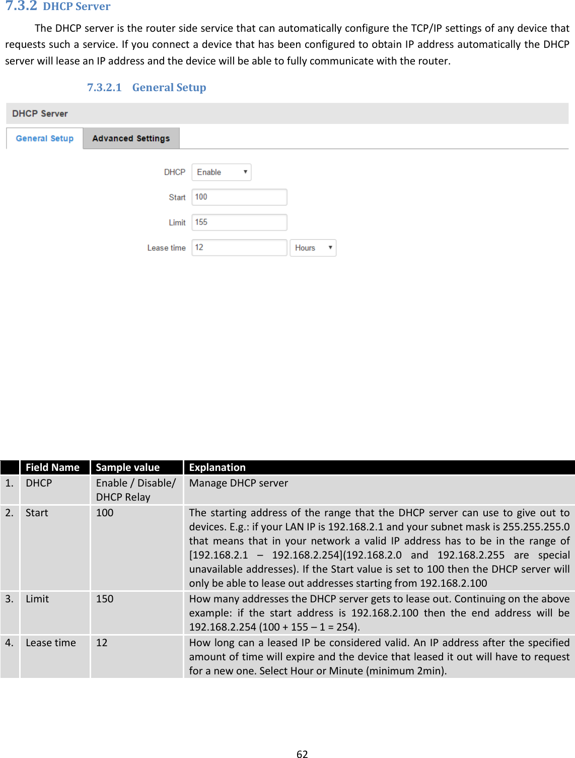  62  7.3.2 DHCP Server The DHCP server is the router side service that can automatically configure the TCP/IP settings of any device that requests such a service. If you connect a device that has been configured to obtain IP address automatically the DHCP server will lease an IP address and the device will be able to fully communicate with the router. 7.3.2.1 General Setup          Field Name Sample value Explanation 1. DHCP Enable / Disable/ DHCP Relay Manage DHCP server 2. Start 100 The  starting address  of  the  range  that  the  DHCP server  can  use  to  give  out  to devices. E.g.: if your LAN IP is 192.168.2.1 and your subnet mask is 255.255.255.0 that  means  that  in  your  network  a  valid  IP  address  has  to  be  in  the  range  of [192.168.2.1  –  192.168.2.254](192.168.2.0  and  192.168.2.255  are  special unavailable addresses). If the Start value is set to 100 then the DHCP server will only be able to lease out addresses starting from 192.168.2.100 3. Limit 150 How many addresses the DHCP server gets to lease out. Continuing on the above example:  if  the  start  address  is  192.168.2.100  then  the  end  address  will  be 192.168.2.254 (100 + 155 – 1 = 254).  4. Lease time 12 How long can a leased IP be considered valid. An IP address after the specified amount of time will expire and the device that leased it out will have to request for a new one. Select Hour or Minute (minimum 2min).    