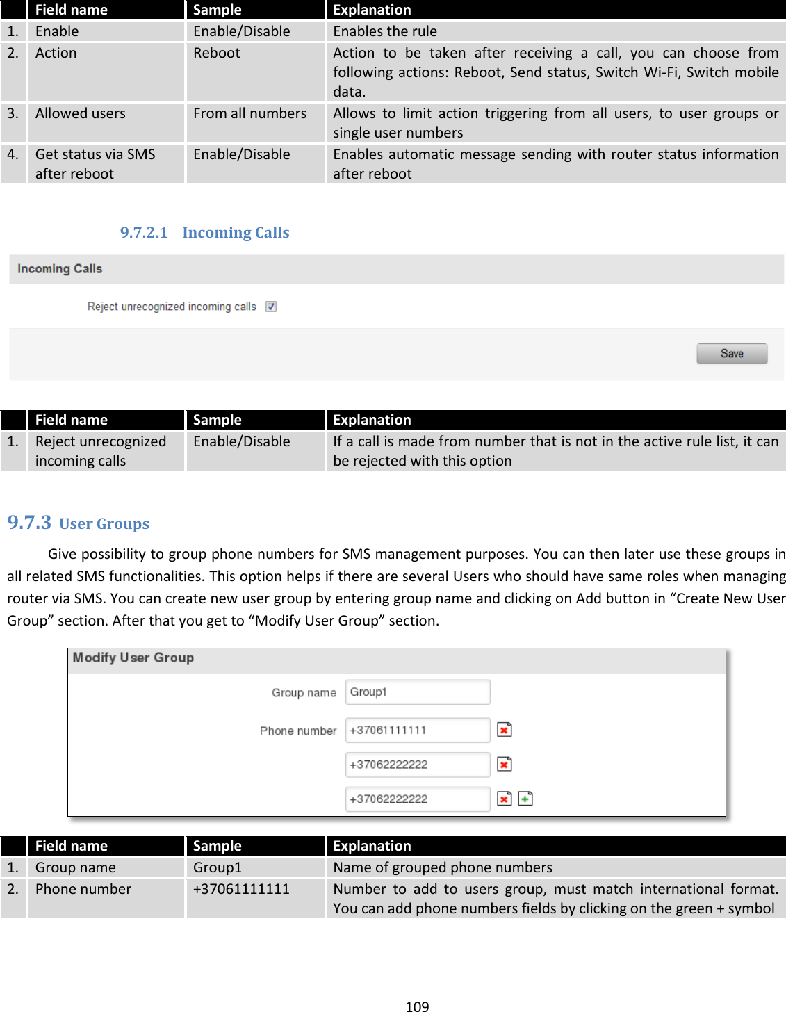  109    Field name Sample Explanation 1. Enable Enable/Disable Enables the rule 2. Action Reboot Action  to  be  taken  after  receiving  a  call,  you  can  choose  from following actions: Reboot, Send status, Switch Wi-Fi, Switch mobile data. 3. Allowed users From all numbers Allows  to  limit  action  triggering  from  all  users,  to  user  groups  or single user numbers 4. Get status via SMS after reboot Enable/Disable Enables automatic message sending  with  router status information after reboot  9.7.2.1 Incoming Calls   Field name Sample Explanation 1. Reject unrecognized incoming calls Enable/Disable If a call is made from number that is not in the active rule list, it can be rejected with this option  9.7.3 User Groups Give possibility to group phone numbers for SMS management purposes. You can then later use these groups in all related SMS functionalities. This option helps if there are several Users who should have same roles when managing router via SMS. You can create new user group by entering group name and clicking on Add button in “Create New User Group” section. After that you get to “Modify User Group” section.   Field name Sample Explanation 1. Group name Group1 Name of grouped phone numbers 2. Phone number +37061111111 Number  to  add  to  users  group,  must  match  international  format. You can add phone numbers fields by clicking on the green + symbol   